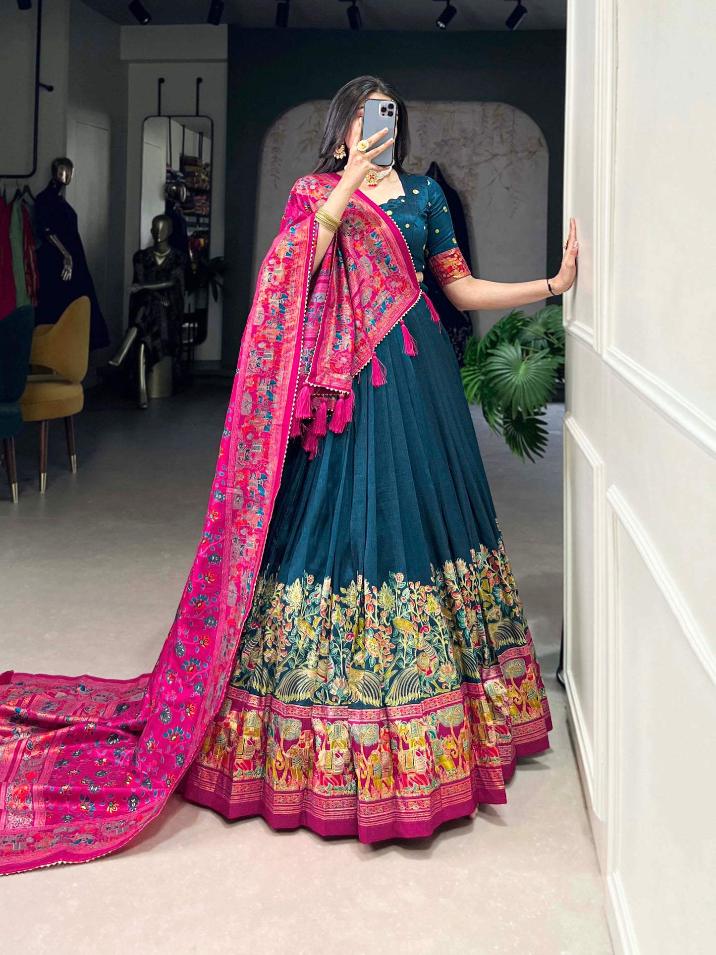 Lorenvalley Teal Tussar Silk Printed With Foil Work Lehenga Choli with Dupatta | Swadesiicart