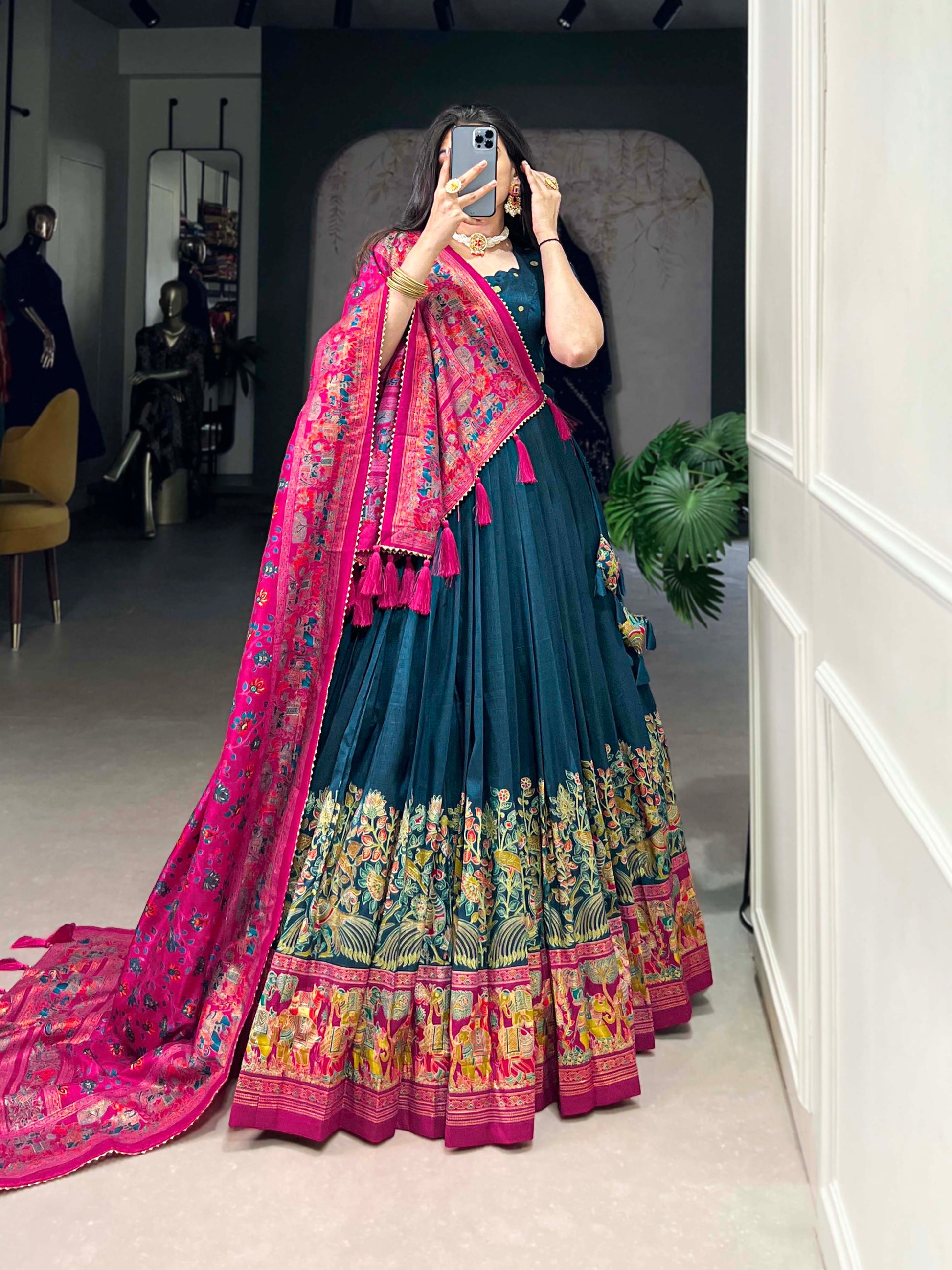 Lorenvalley Teal Tussar Silk Printed With Foil Work Lehenga Choli with Dupatta | Swadesiicart