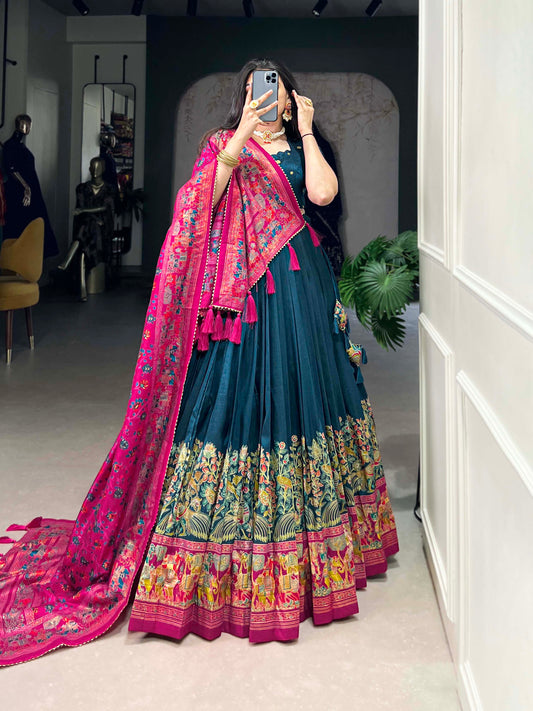 Lorenvalley Teal Tussar Silk Printed With Foil Work Lehenga Choli with Dupatta | Swadesiicart