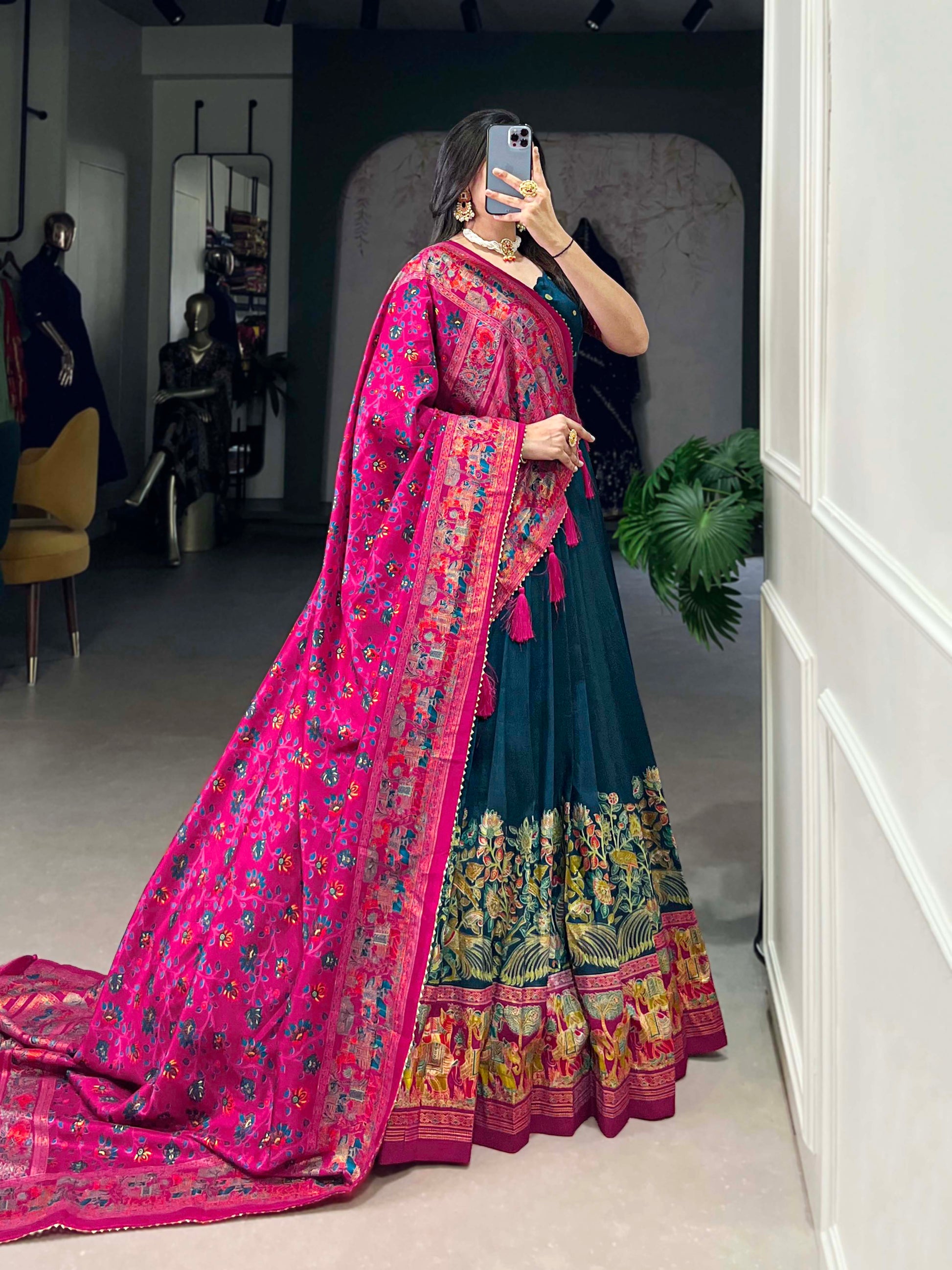 Lorenvalley Teal Tussar Silk Printed With Foil Work Lehenga Choli with Dupatta | Swadesiicart