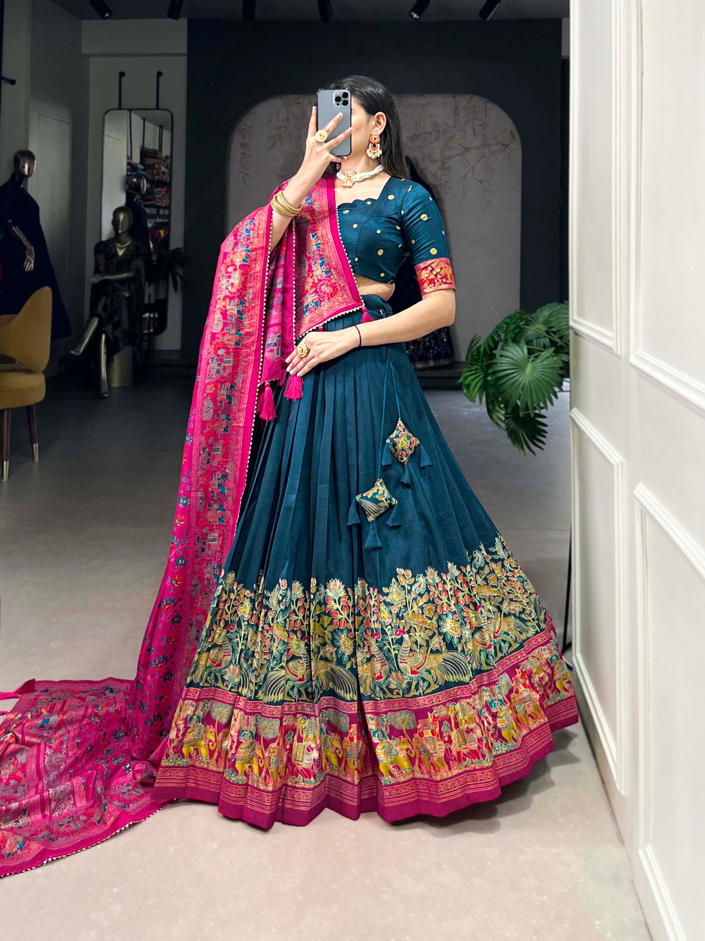 Lorenvalley Teal Tussar Silk Printed With Foil Work Lehenga Choli with Dupatta | Swadesiicart
