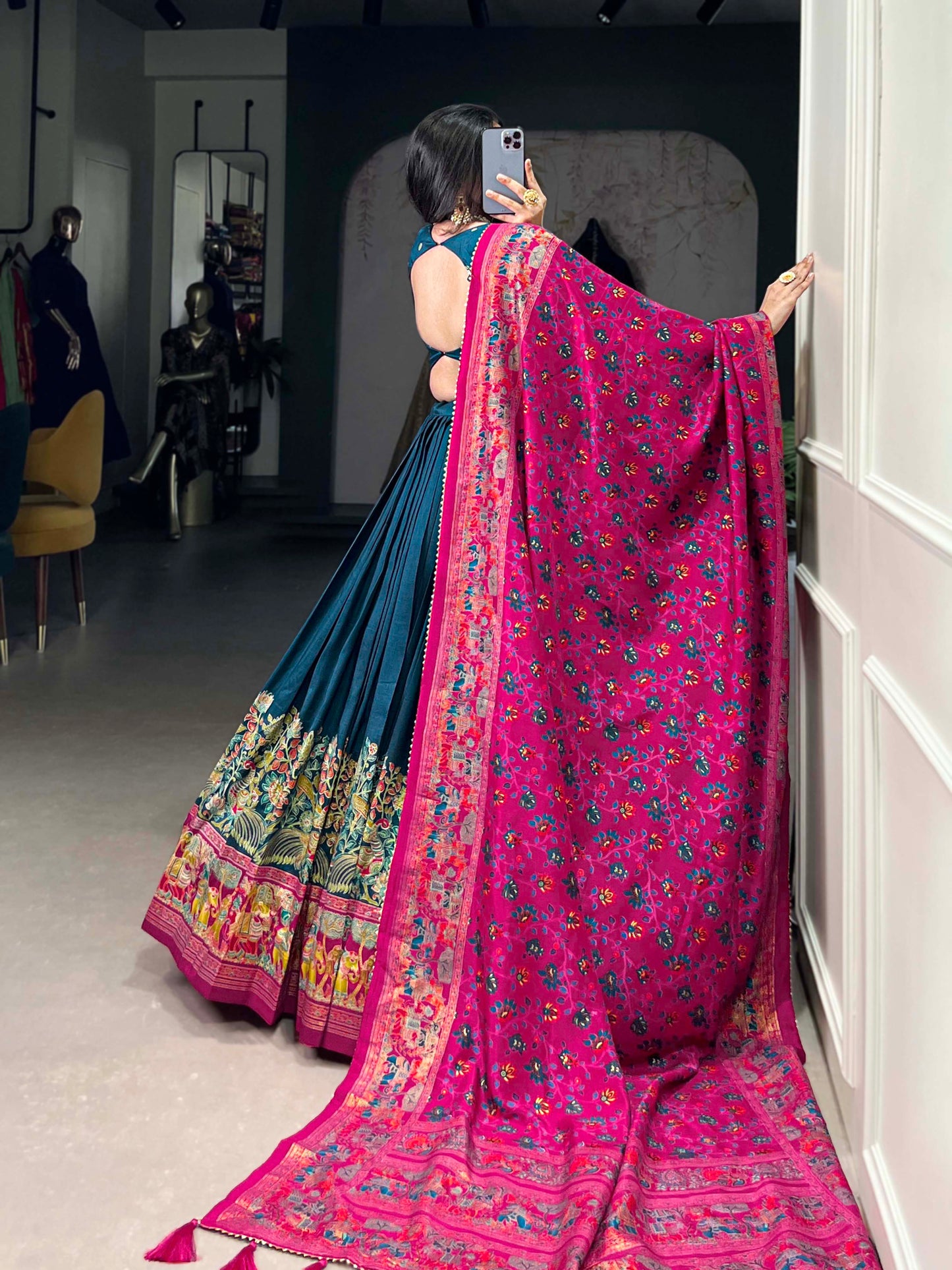 Lorenvalley Teal Tussar Silk Printed With Foil Work Lehenga Choli with Dupatta | Swadesiicart