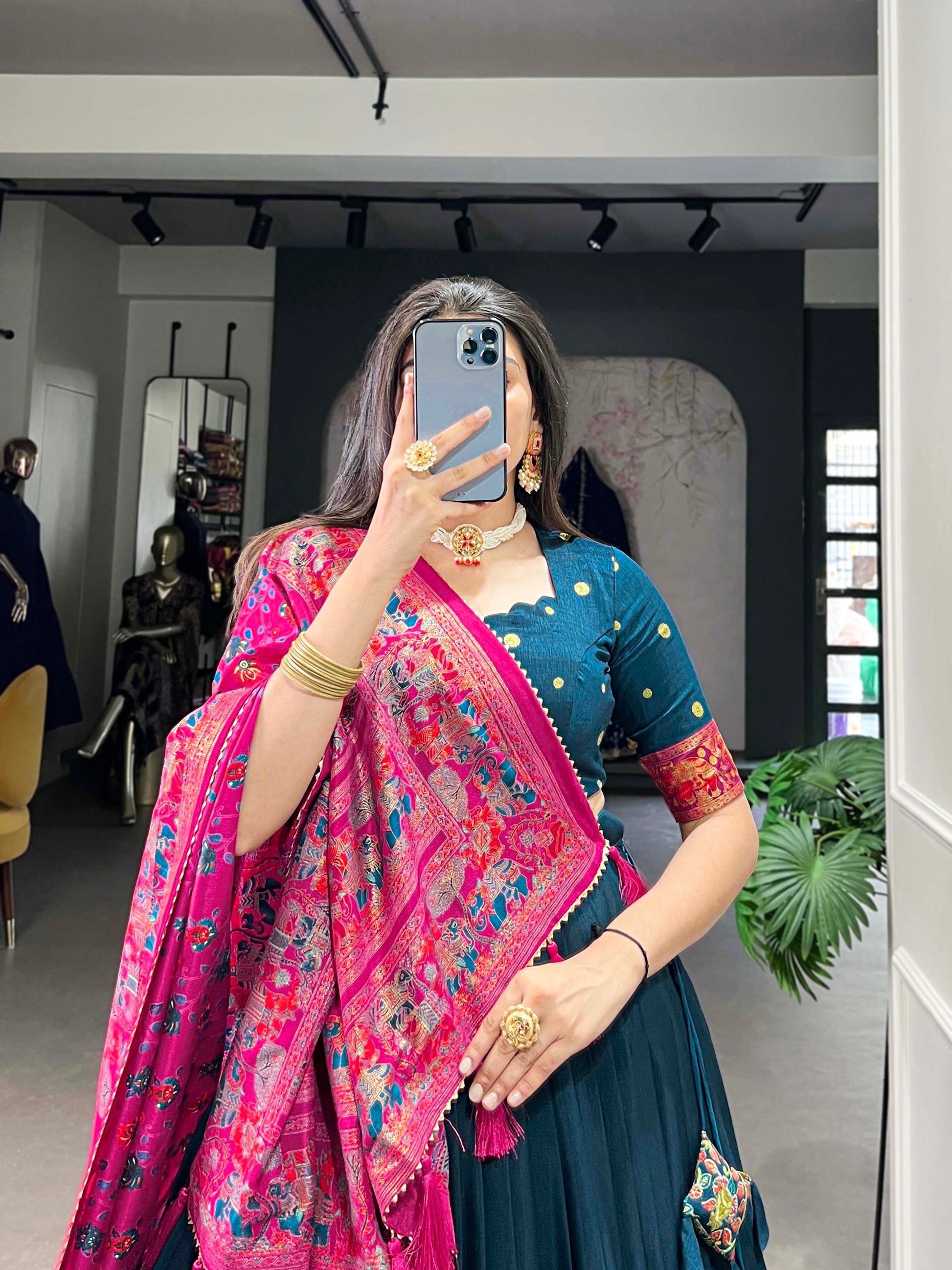 Lorenvalley Teal Tussar Silk Printed With Foil Work Lehenga Choli with Dupatta | Swadesiicart