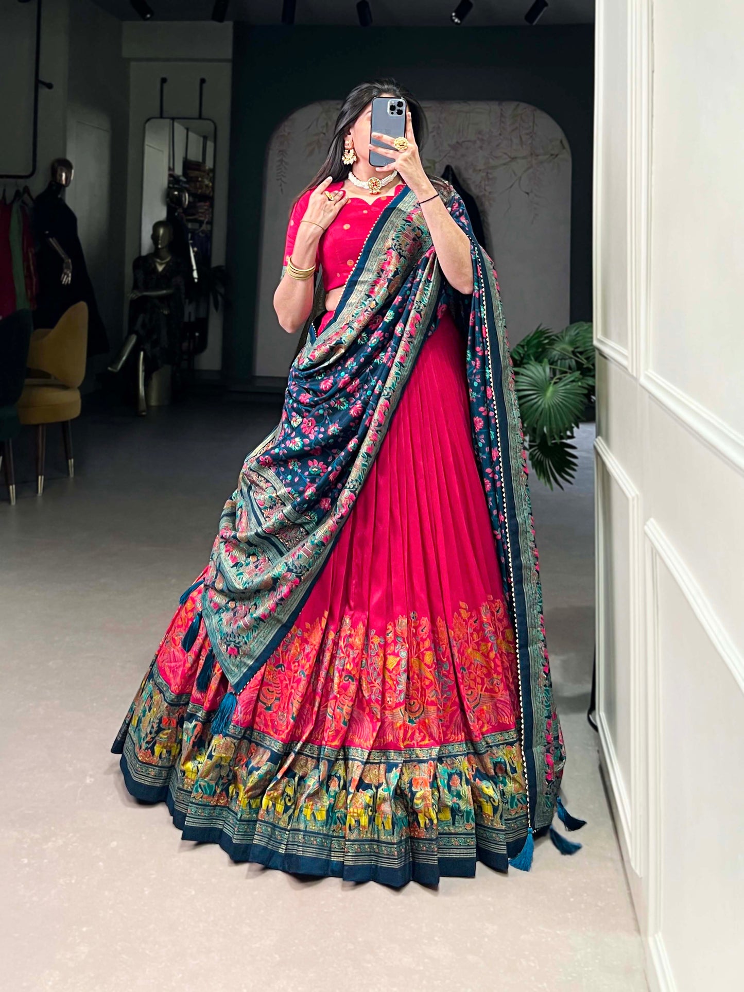 Lorenvalley Pink Tussar Silk Printed With Foil Work Lehenga Choli with Dupatta | Swadesiicart