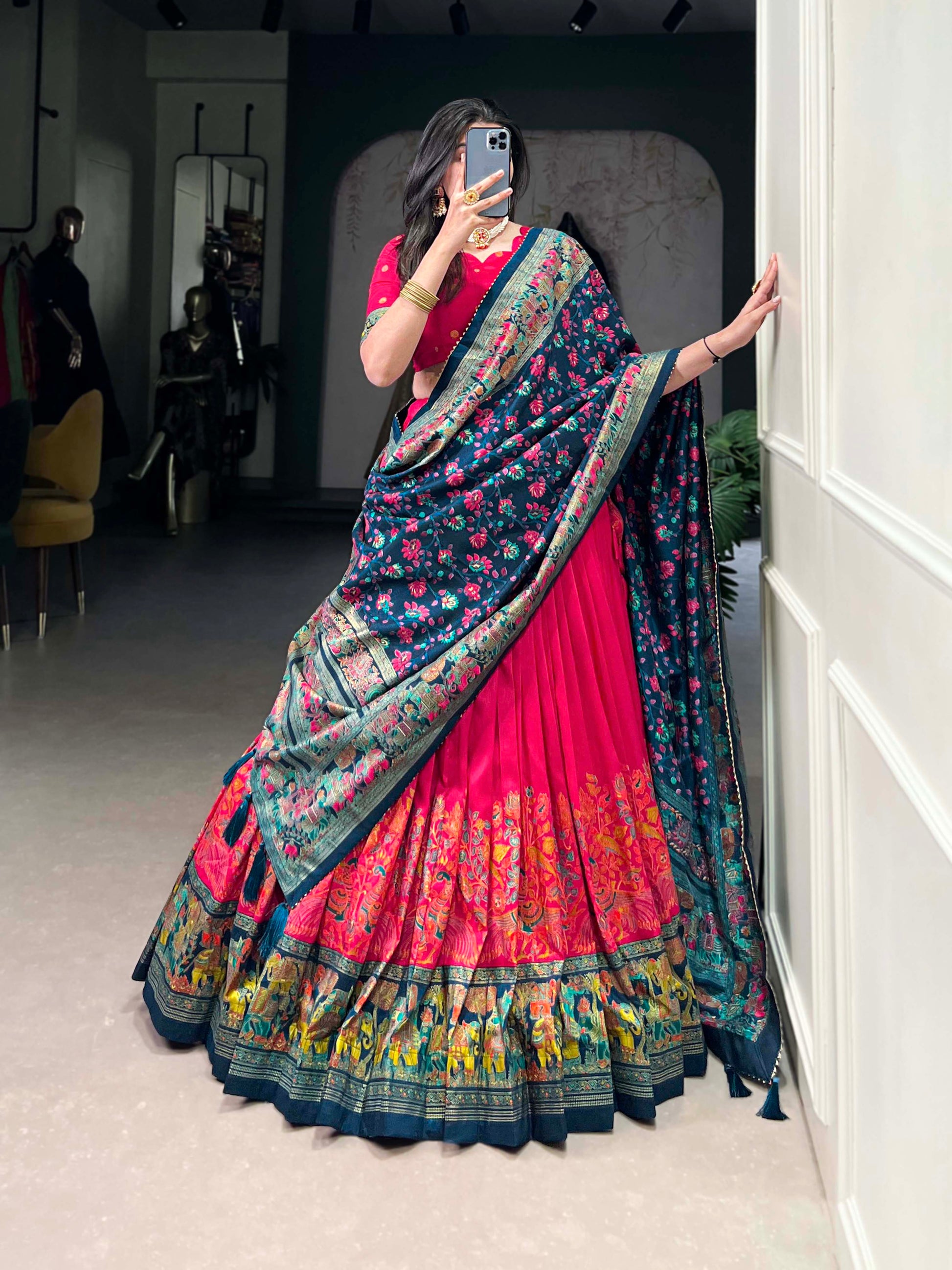 Lorenvalley Pink Tussar Silk Printed With Foil Work Lehenga Choli with Dupatta | Swadesiicart