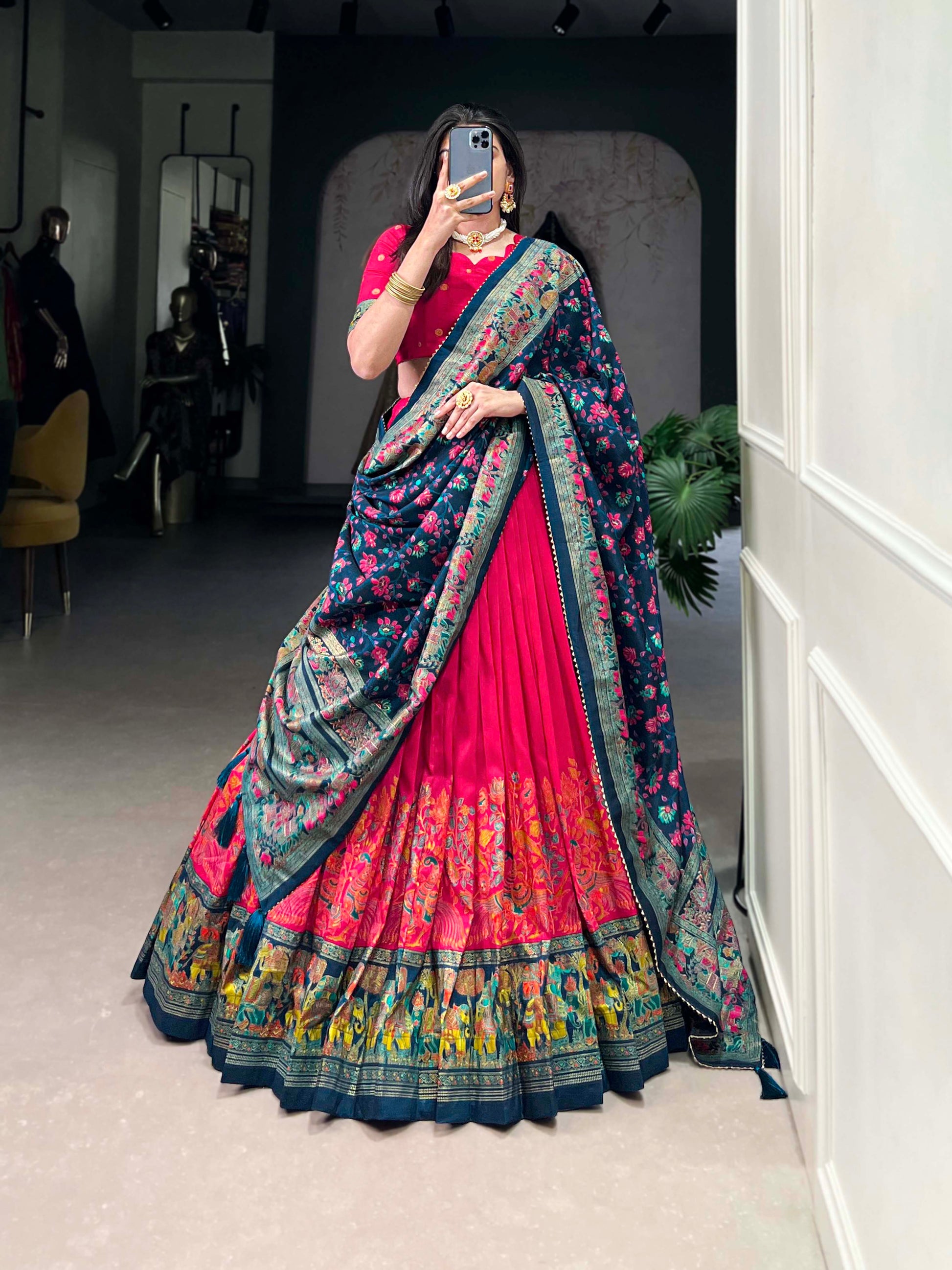 Lorenvalley Pink Tussar Silk Printed With Foil Work Lehenga Choli with Dupatta | Swadesiicart