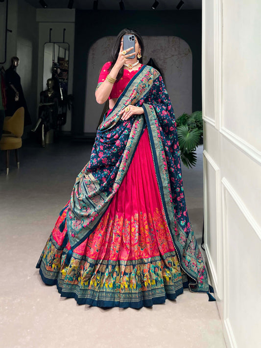 Lorenvalley Pink Tussar Silk Printed With Foil Work Lehenga Choli with Dupatta | Swadesiicart