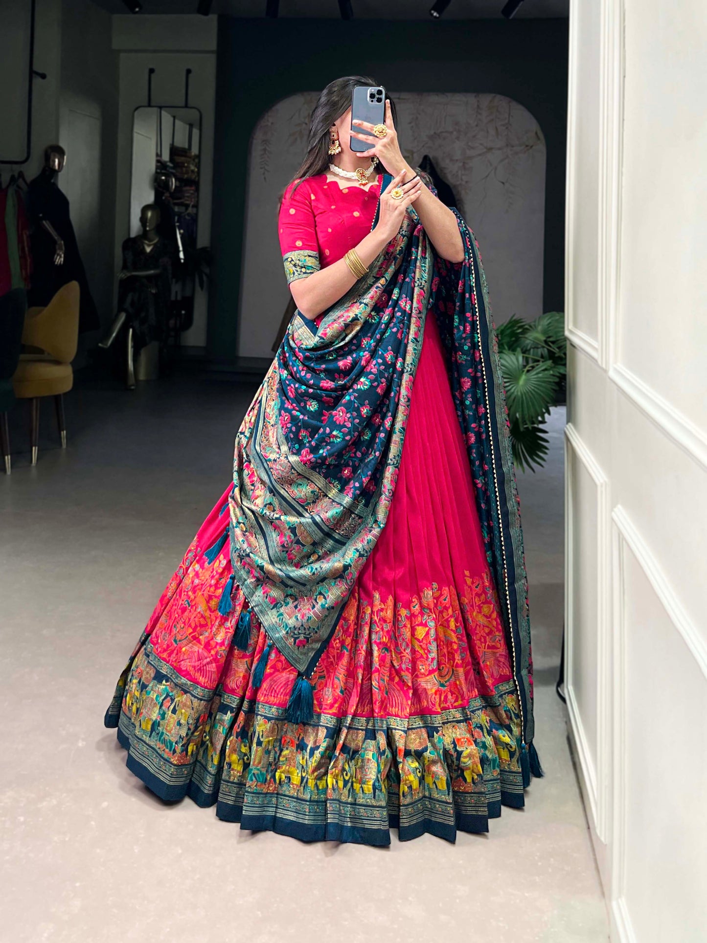 Lorenvalley Pink Tussar Silk Printed With Foil Work Lehenga Choli with Dupatta | Swadesiicart