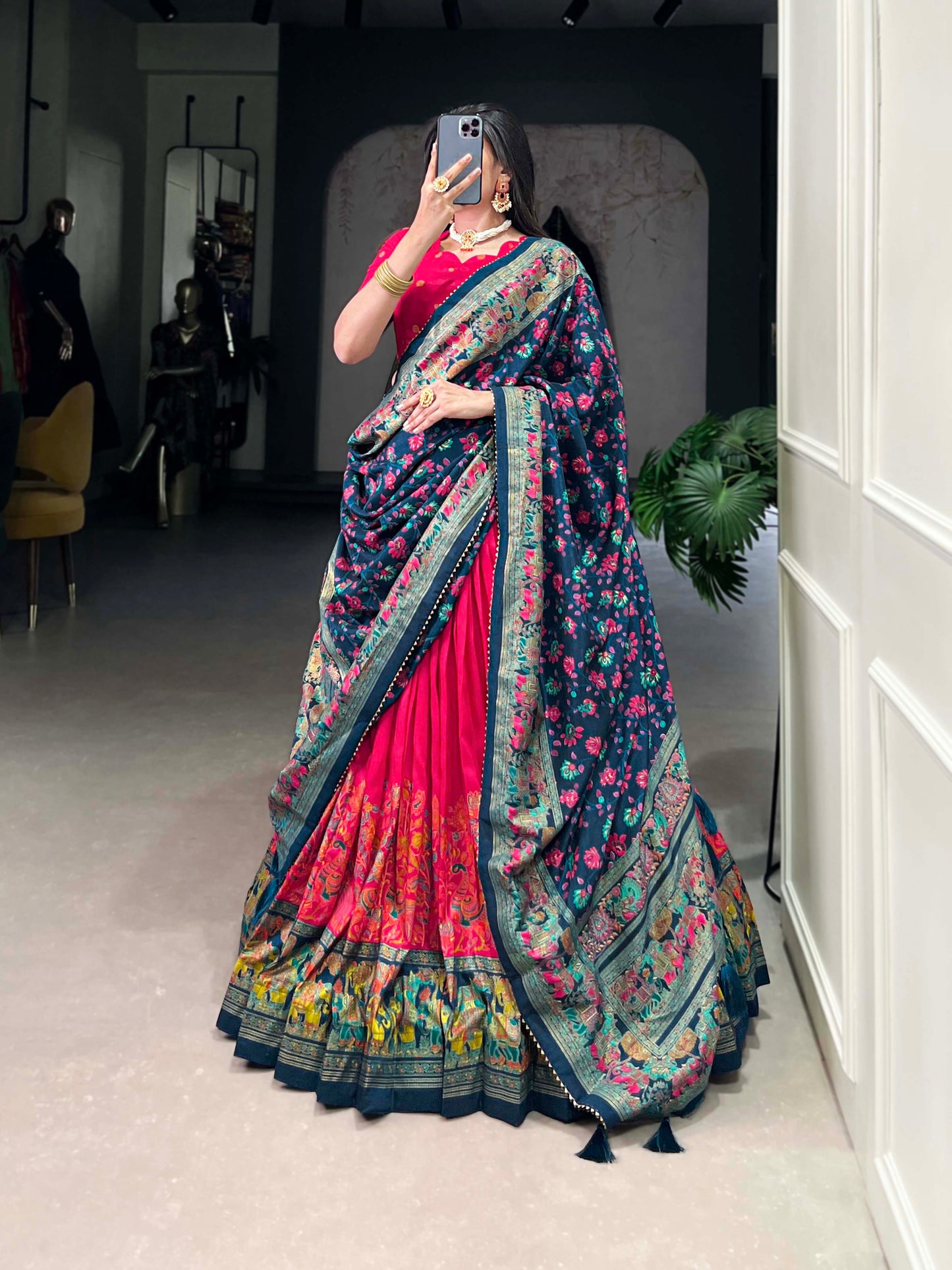 Lorenvalley Pink Tussar Silk Printed With Foil Work Lehenga Choli with Dupatta | Swadesiicart