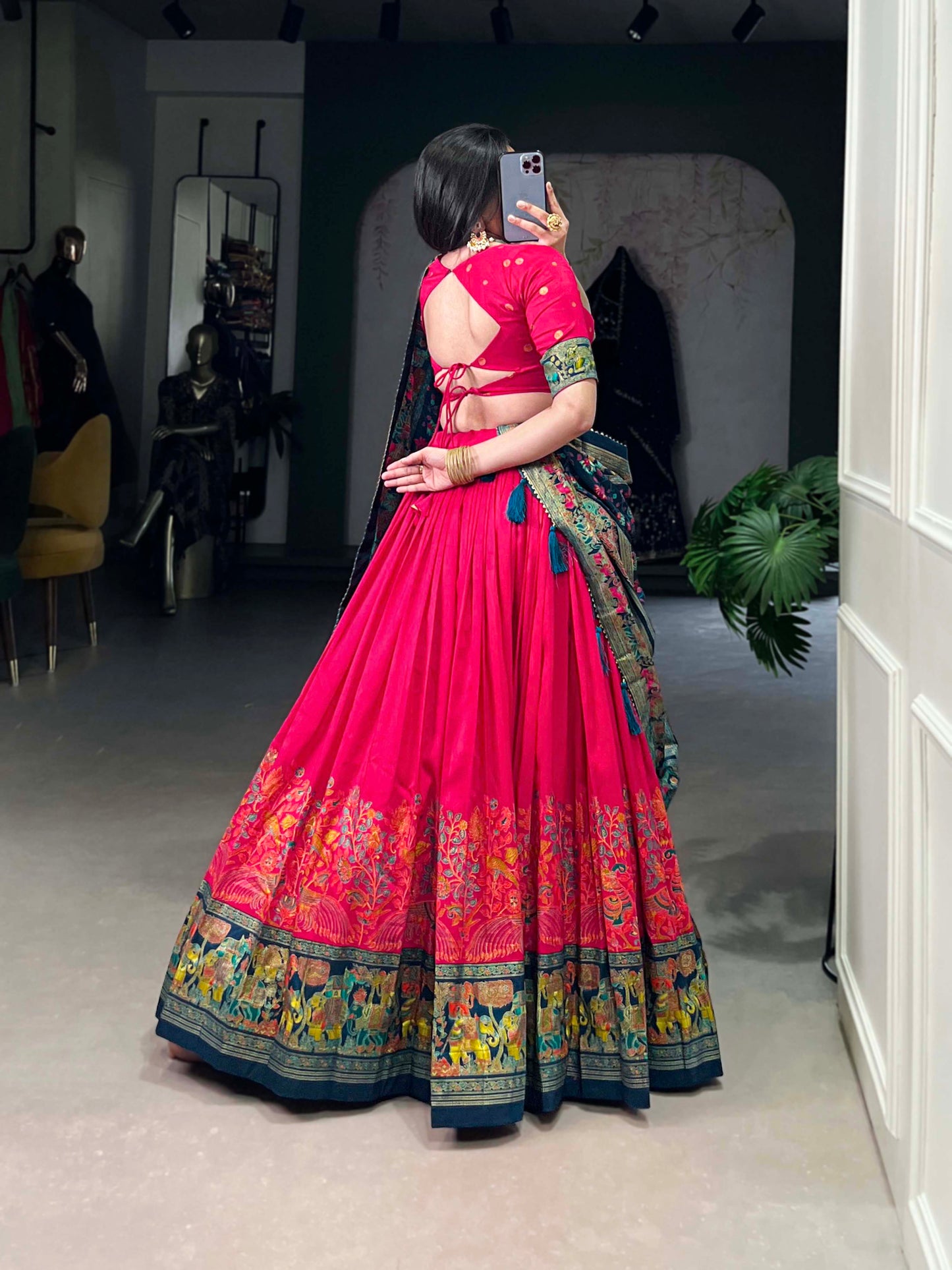 Lorenvalley Pink Tussar Silk Printed With Foil Work Lehenga Choli with Dupatta | Swadesiicart