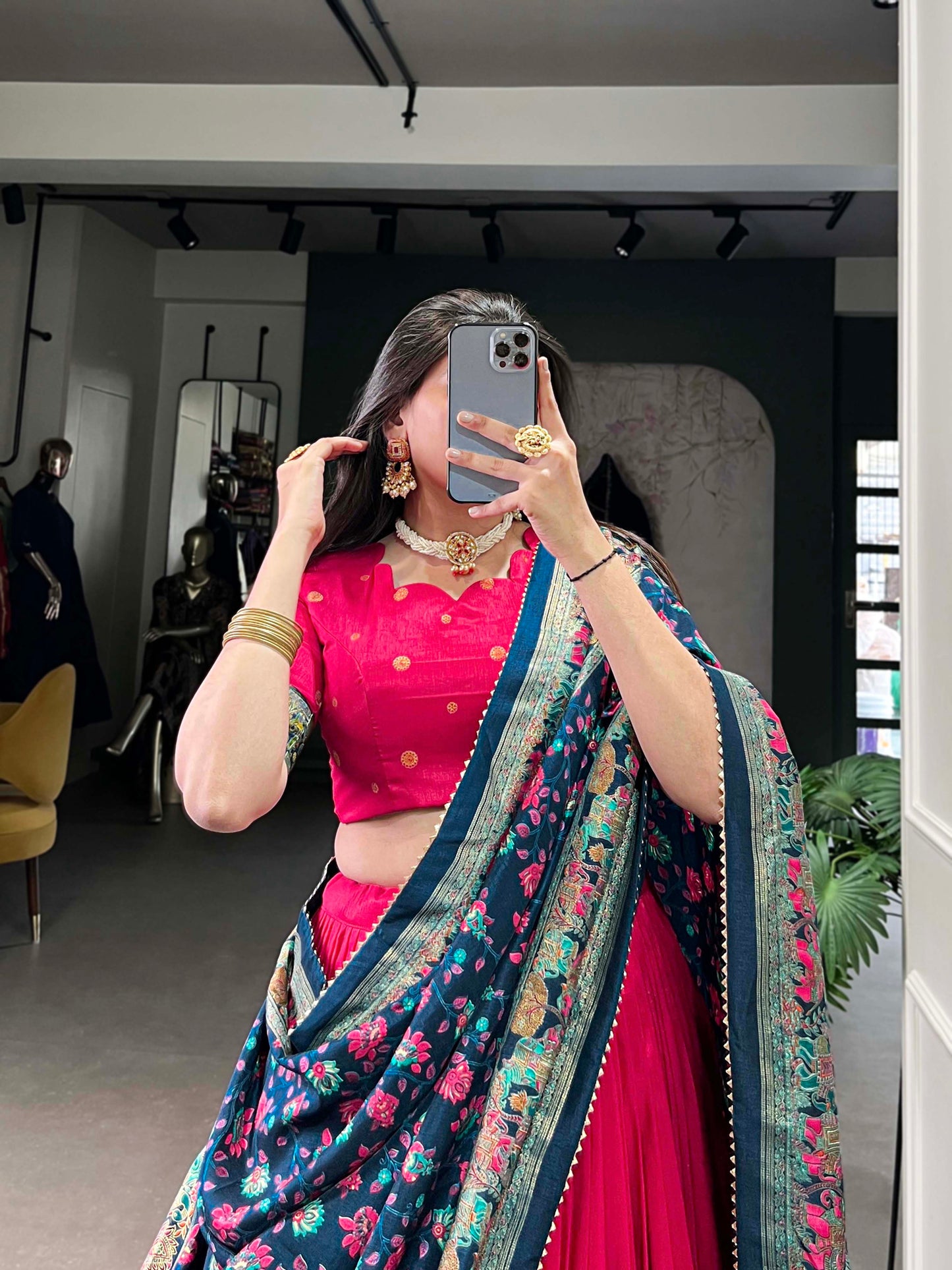 Lorenvalley Pink Tussar Silk Printed With Foil Work Lehenga Choli with Dupatta | Swadesiicart