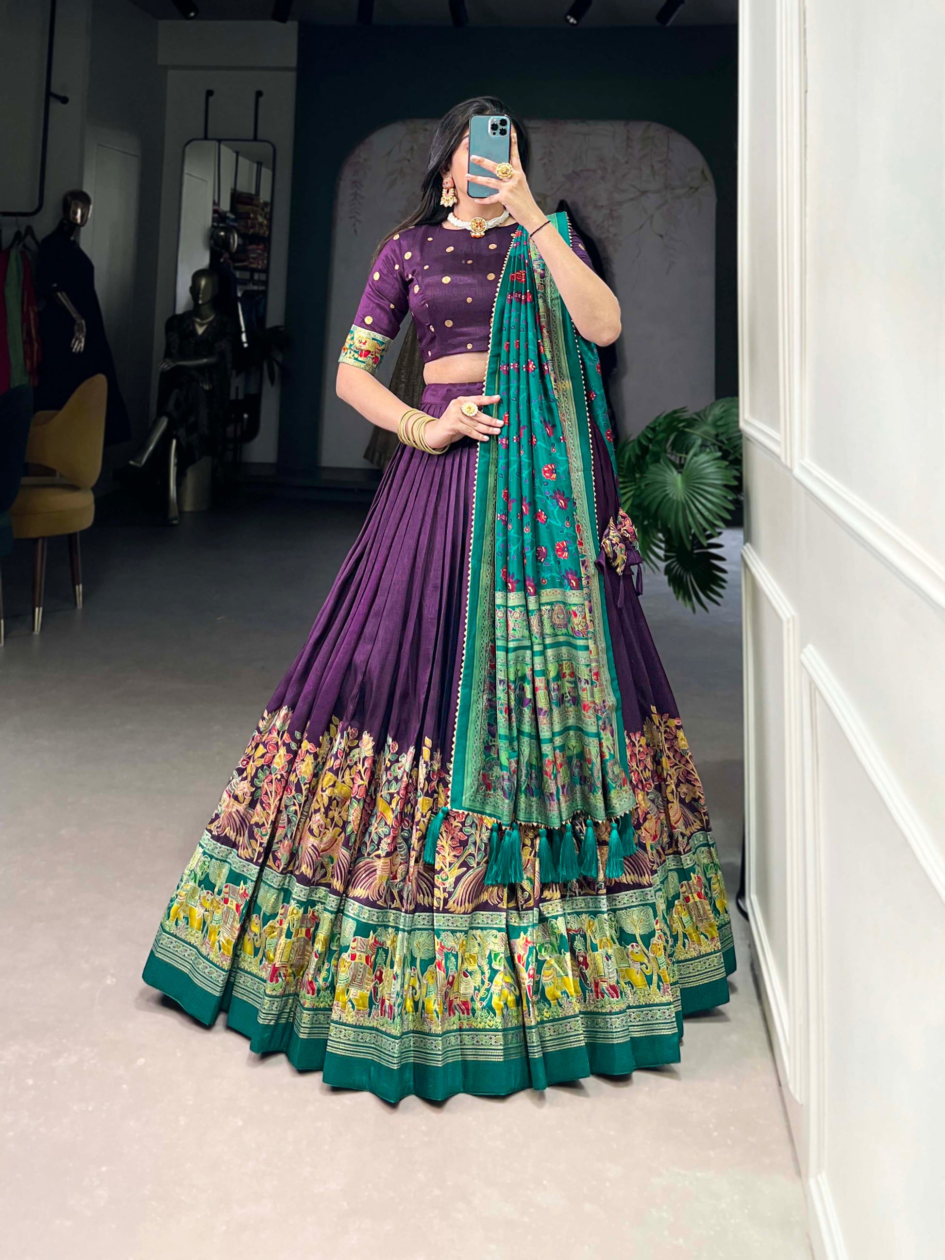 Lorenvalley Purple Tussar Silk Printed With Foil Work Lehenga Choli with Dupatta | Swadesiicart