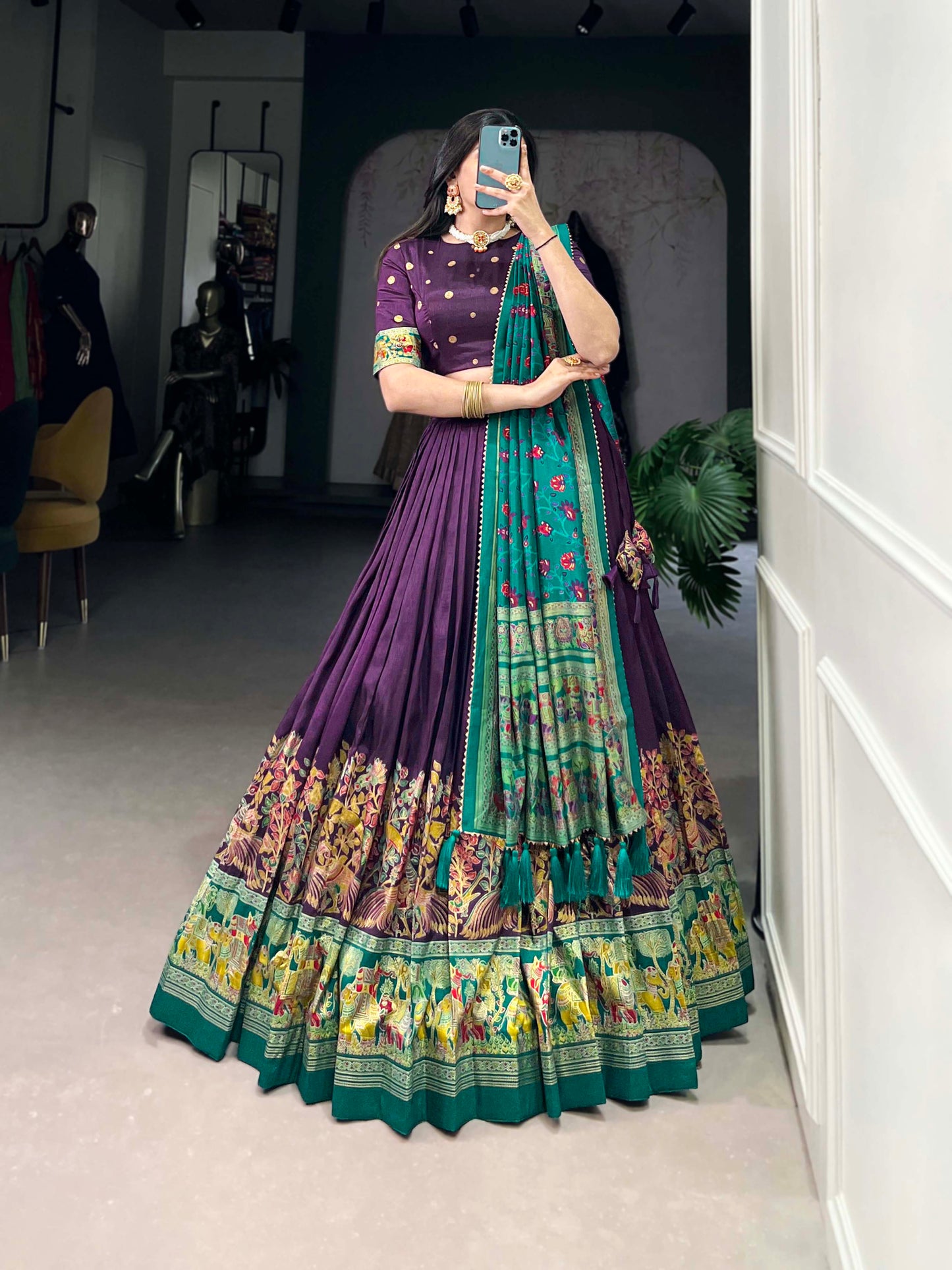 Lorenvalley Purple Tussar Silk Printed With Foil Work Lehenga Choli with Dupatta | Swadesiicart