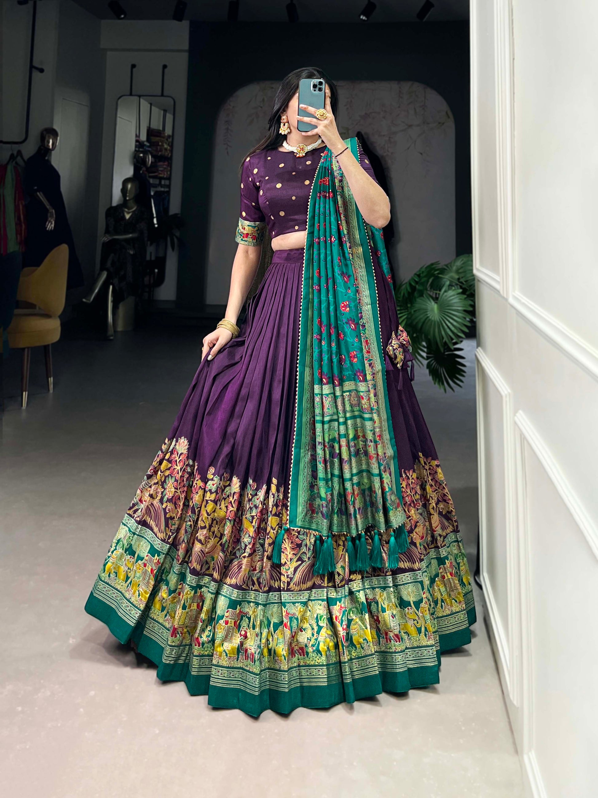 Lorenvalley Purple Tussar Silk Printed With Foil Work Lehenga Choli with Dupatta | Swadesiicart