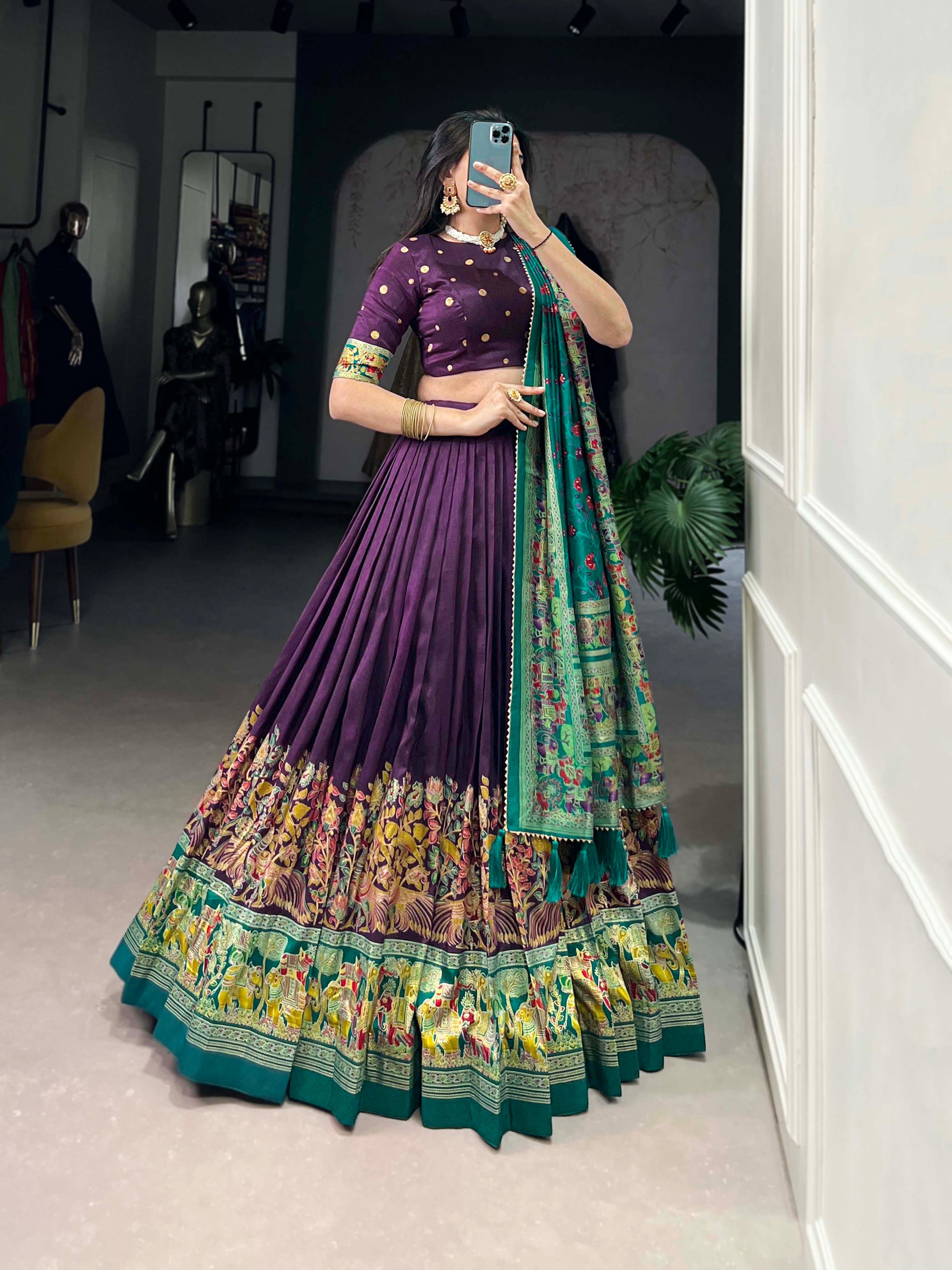 Lorenvalley Purple Tussar Silk Printed With Foil Work Lehenga Choli with Dupatta | Swadesiicart