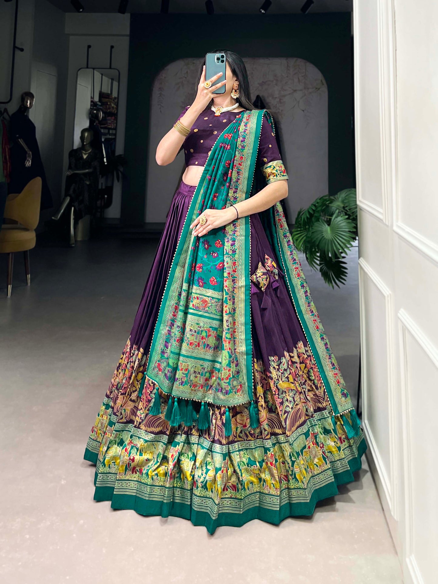 Lorenvalley Purple Tussar Silk Printed With Foil Work Lehenga Choli with Dupatta | Swadesiicart