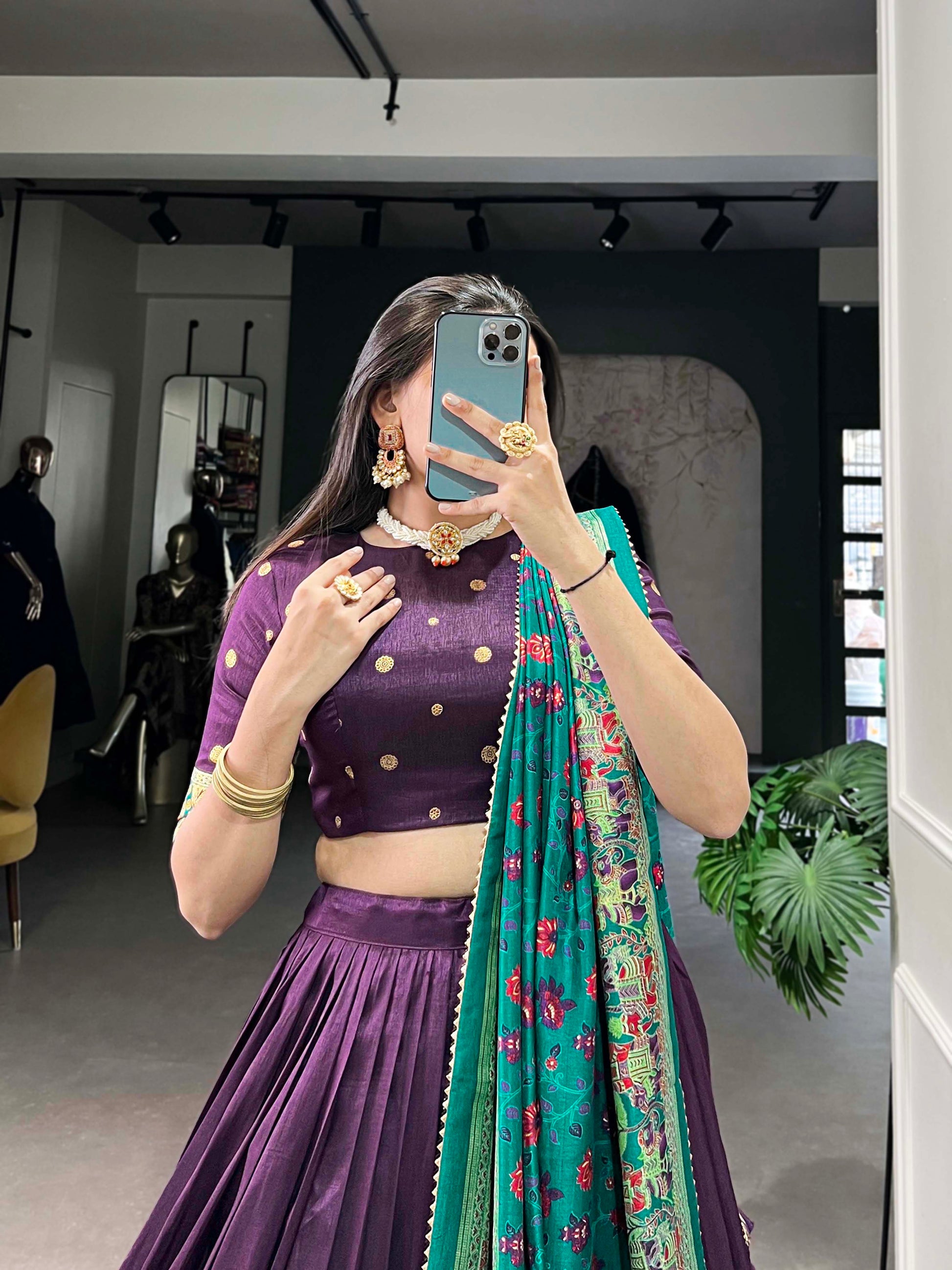 Lorenvalley Purple Tussar Silk Printed With Foil Work Lehenga Choli with Dupatta | Swadesiicart