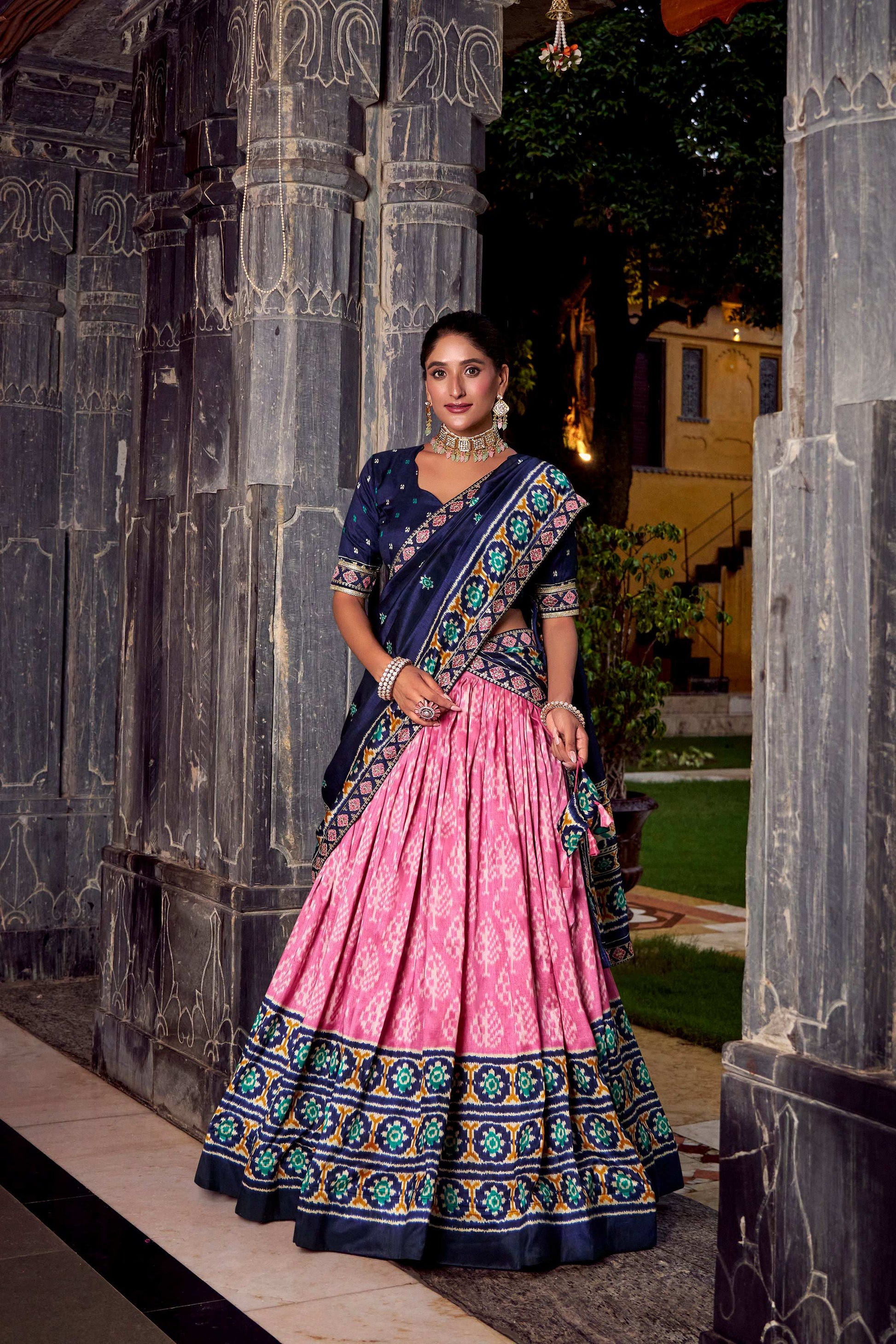 Lorenvalley Fashion Pink Tasar Silk Ikkat Print Lehenga Choli with Dupatta | Swadesiicart
