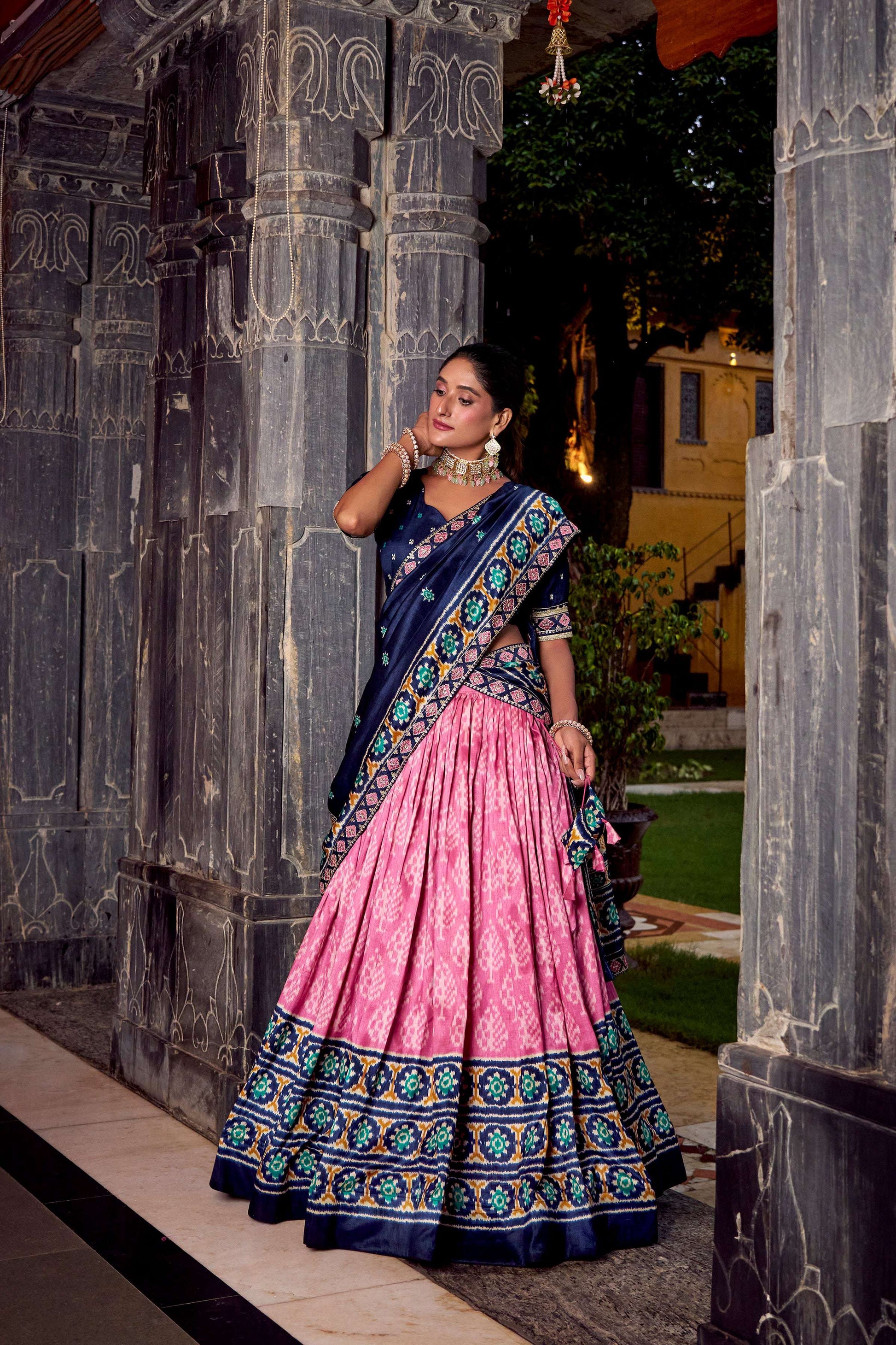 Lorenvalley Fashion Pink Tasar Silk Ikkat Print Lehenga Choli with Dupatta | Swadesiicart