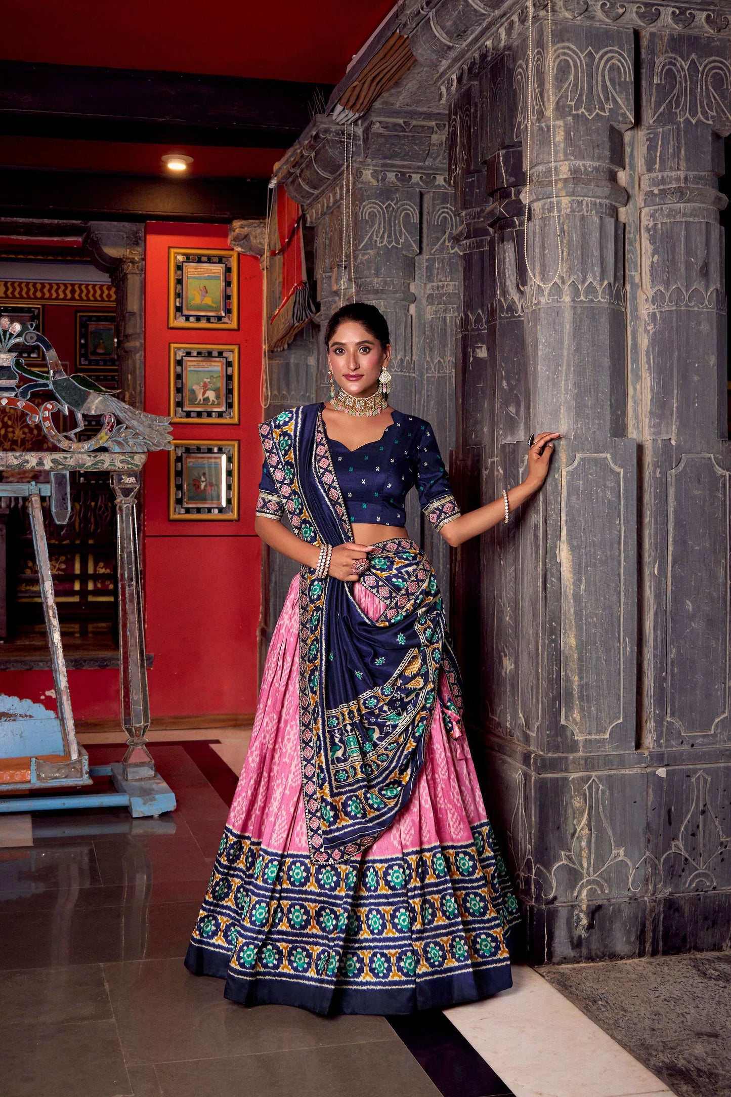 Lorenvalley Fashion Pink Tasar Silk Ikkat Print Lehenga Choli with Dupatta | Swadesiicart