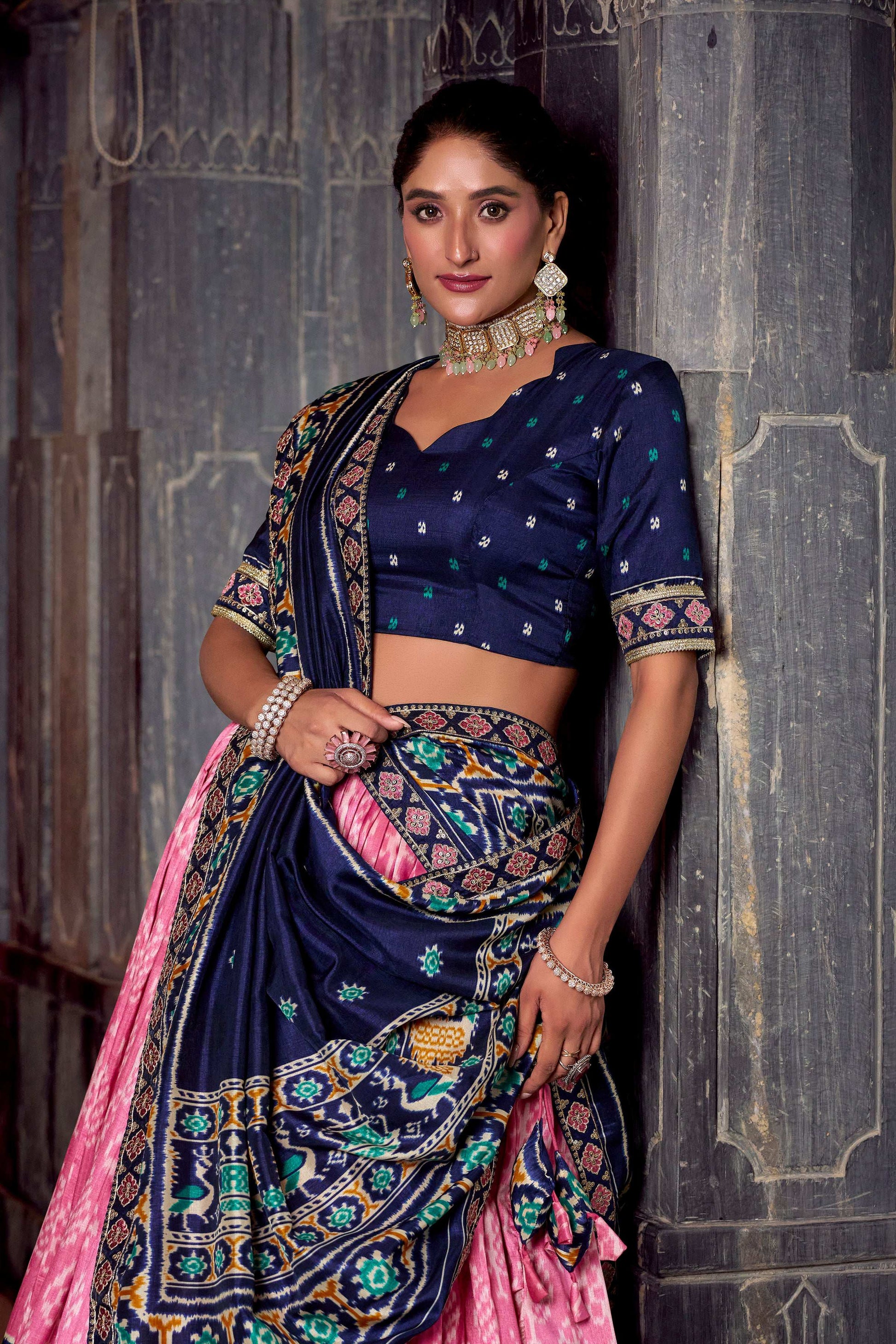 Lorenvalley Fashion Pink Tasar Silk Ikkat Print Lehenga Choli with Dupatta | Swadesiicart
