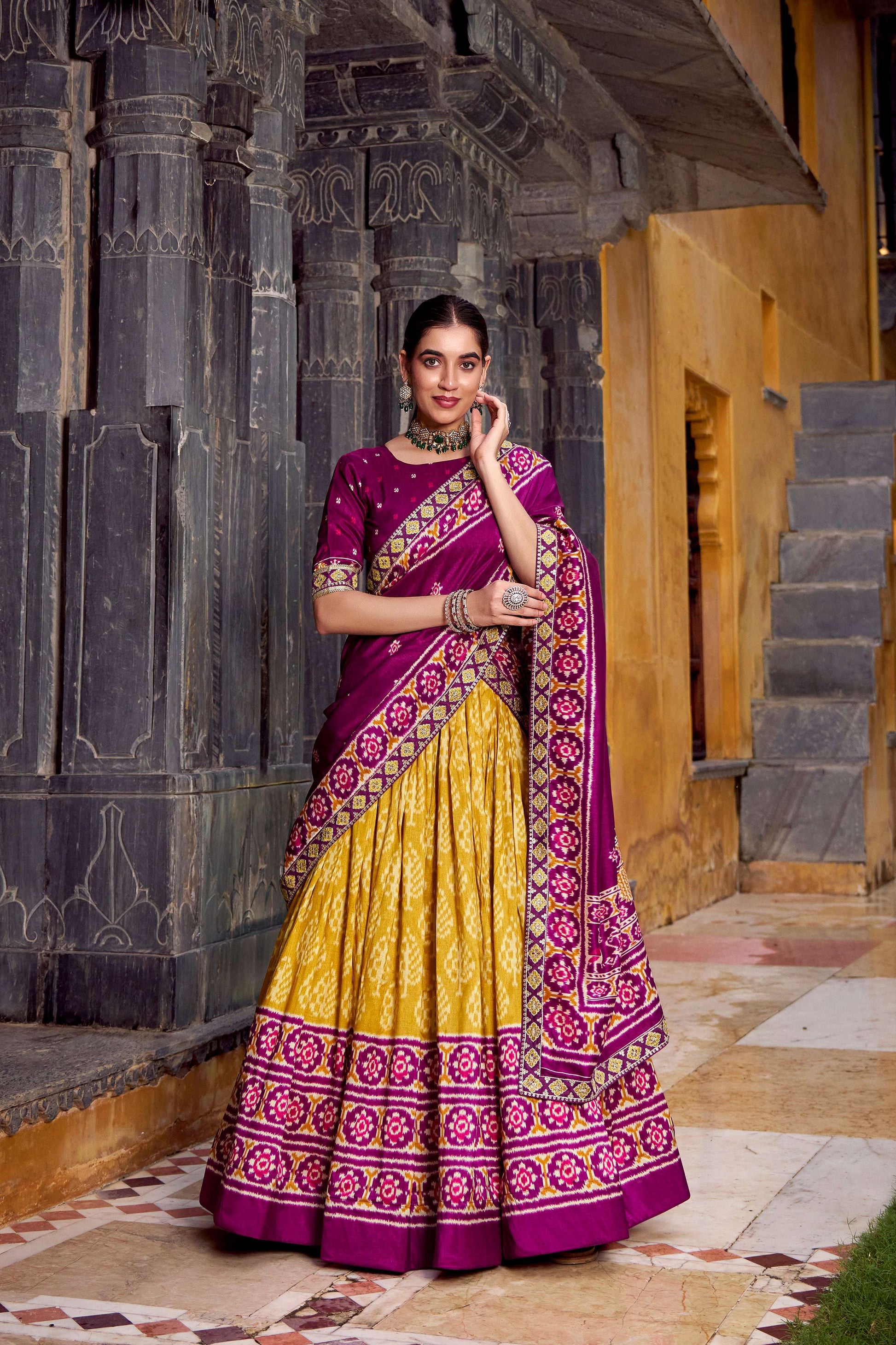Lorenvalley Fashion Mustard Tasar Silk Ikkat Print Lehenga Choli with Dupatta | Swadesiicart