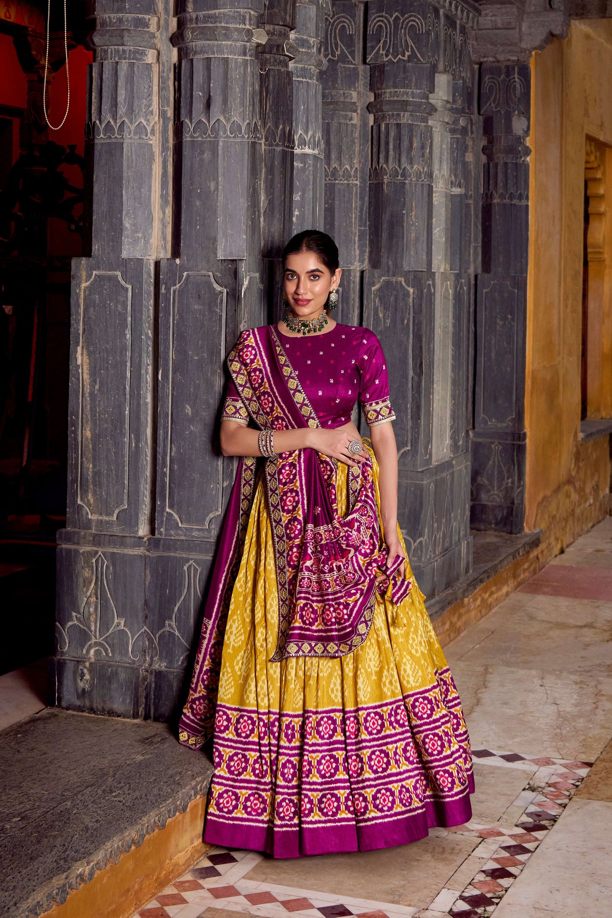 Lorenvalley Fashion Mustard Tasar Silk Ikkat Print Lehenga Choli with Dupatta | Swadesiicart