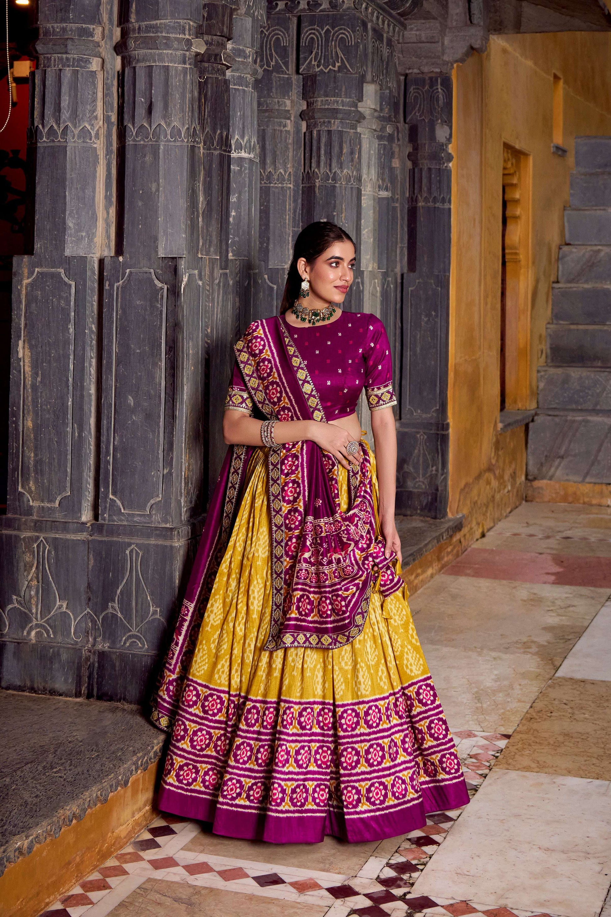Lorenvalley Fashion Mustard Tasar Silk Ikkat Print Lehenga Choli with Dupatta | Swadesiicart