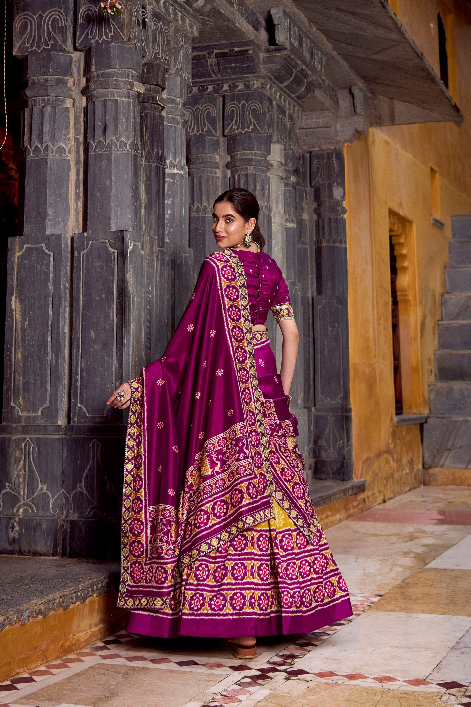 Lorenvalley Fashion Mustard Tasar Silk Ikkat Print Lehenga Choli with Dupatta | Swadesiicart
