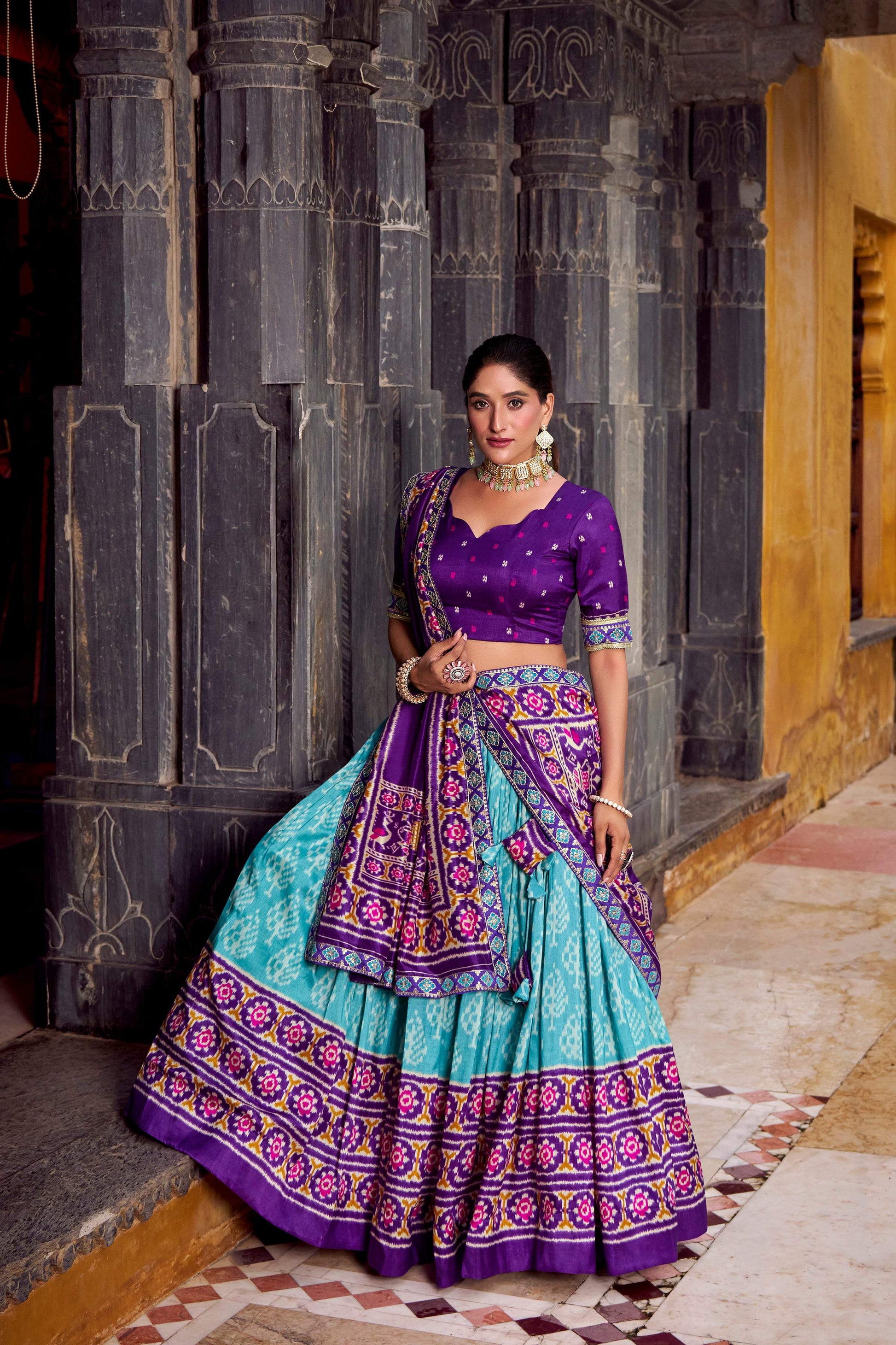 Lorenvalley Fashion Skyblue Tasar Silk Ikkat Print Lehenga Choli with Dupatta | Swadesiicart