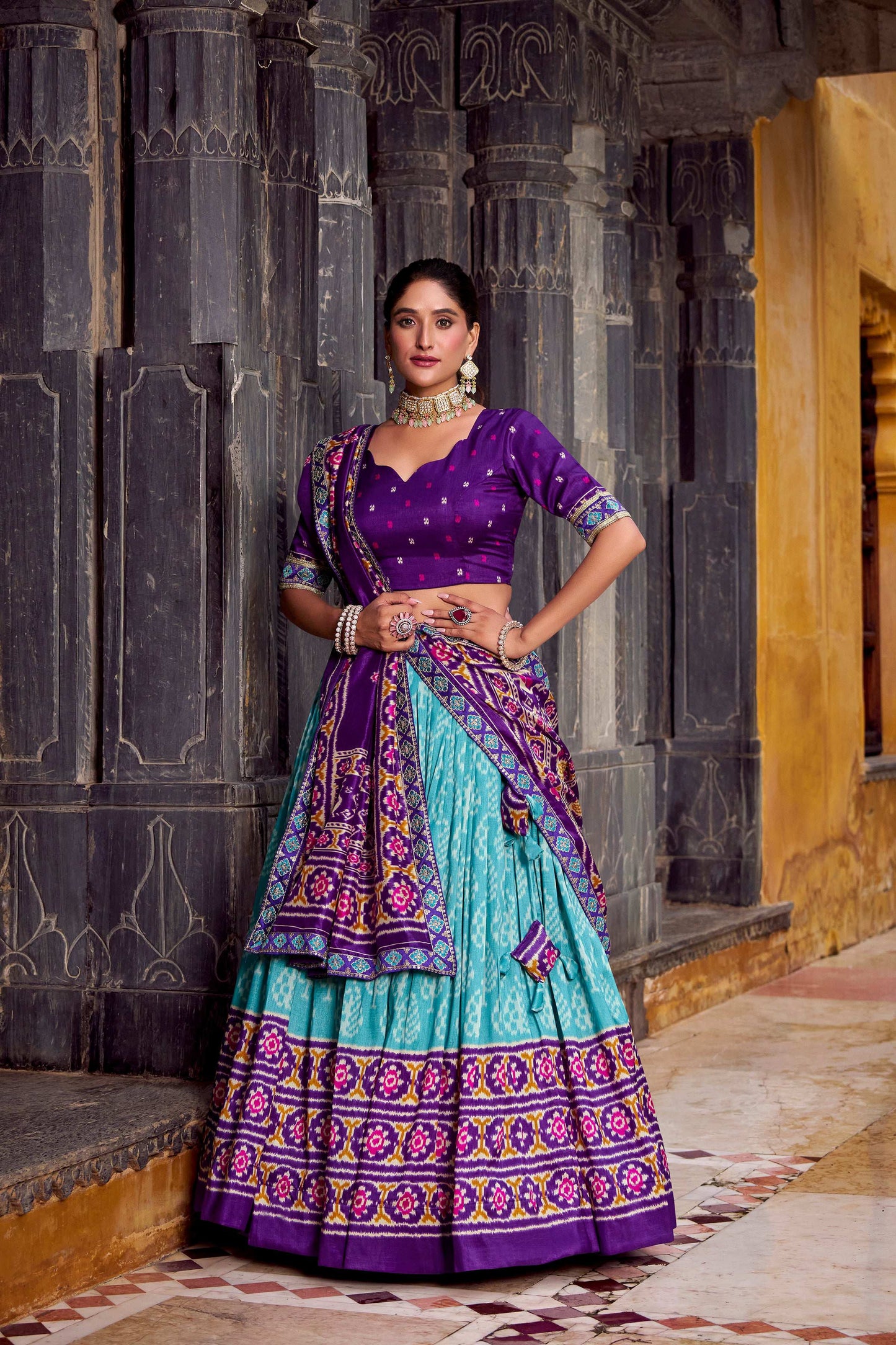 Lorenvalley Fashion Skyblue Tasar Silk Ikkat Print Lehenga Choli with Dupatta | Swadesiicart