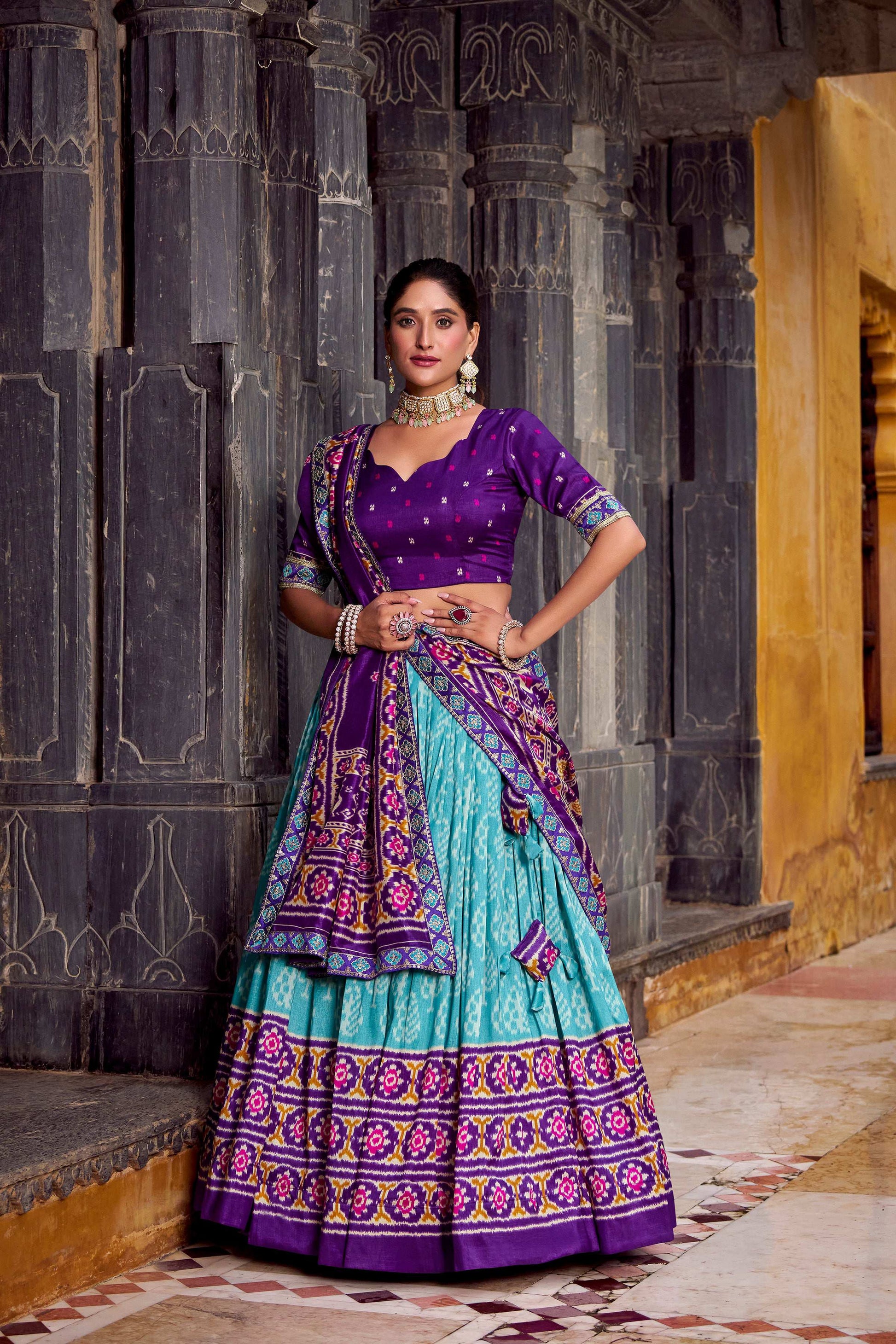 Lorenvalley Fashion Skyblue Tasar Silk Ikkat Print Lehenga Choli with Dupatta | Swadesiicart