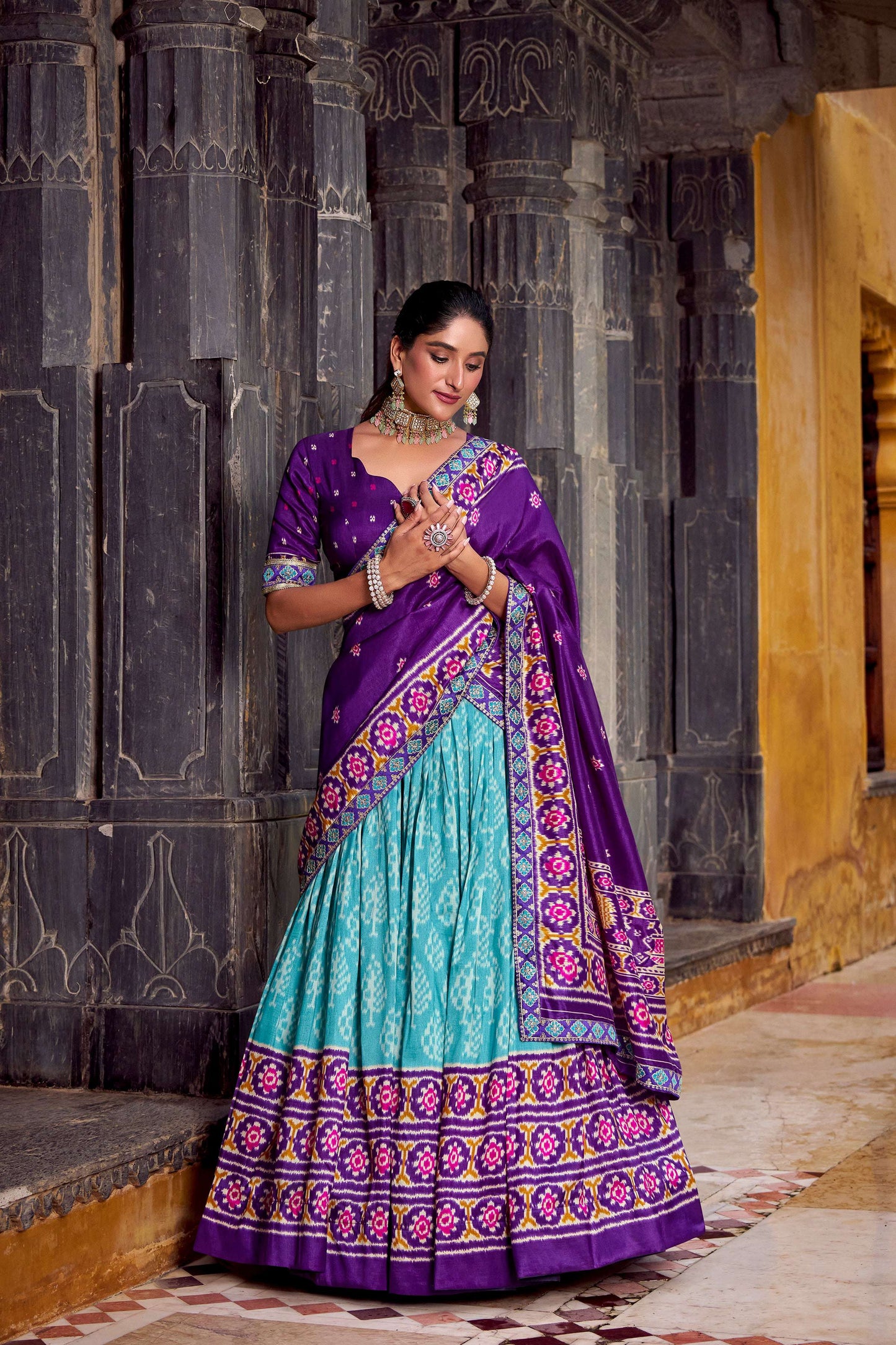 Lorenvalley Fashion Skyblue Tasar Silk Ikkat Print Lehenga Choli with Dupatta | Swadesiicart