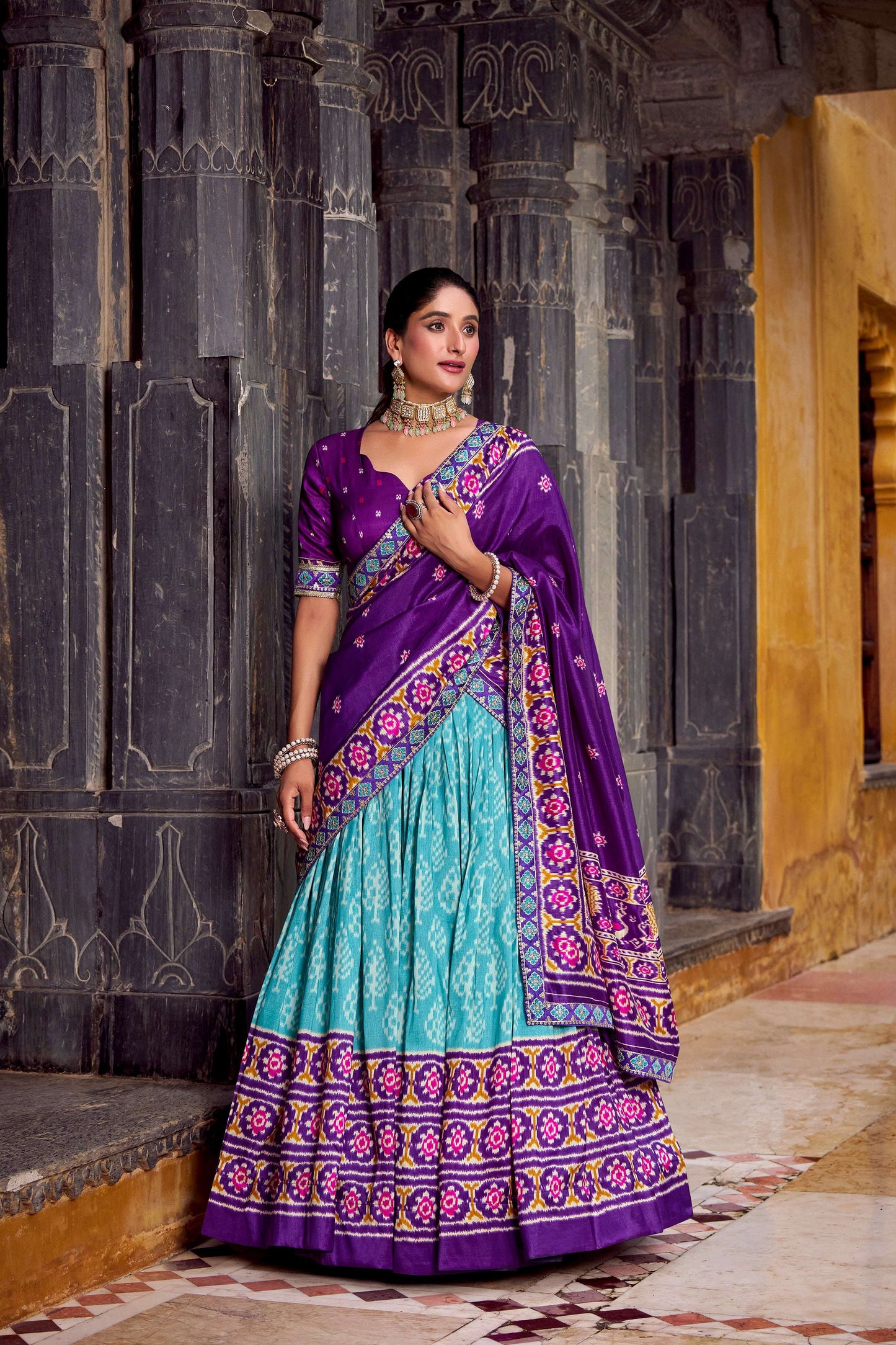 Lorenvalley Fashion Skyblue Tasar Silk Ikkat Print Lehenga Choli with Dupatta | Swadesiicart