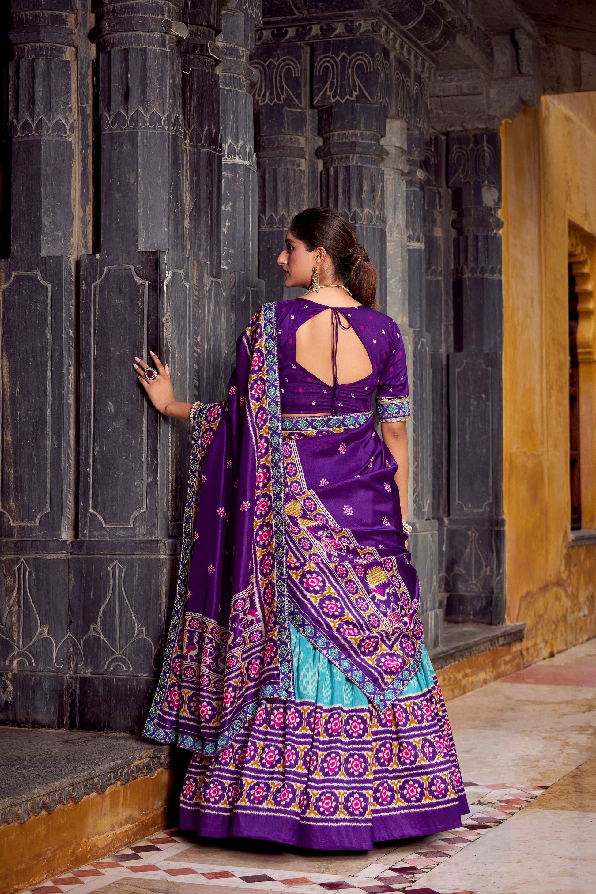 Lorenvalley Fashion Skyblue Tasar Silk Ikkat Print Lehenga Choli with Dupatta | Swadesiicart