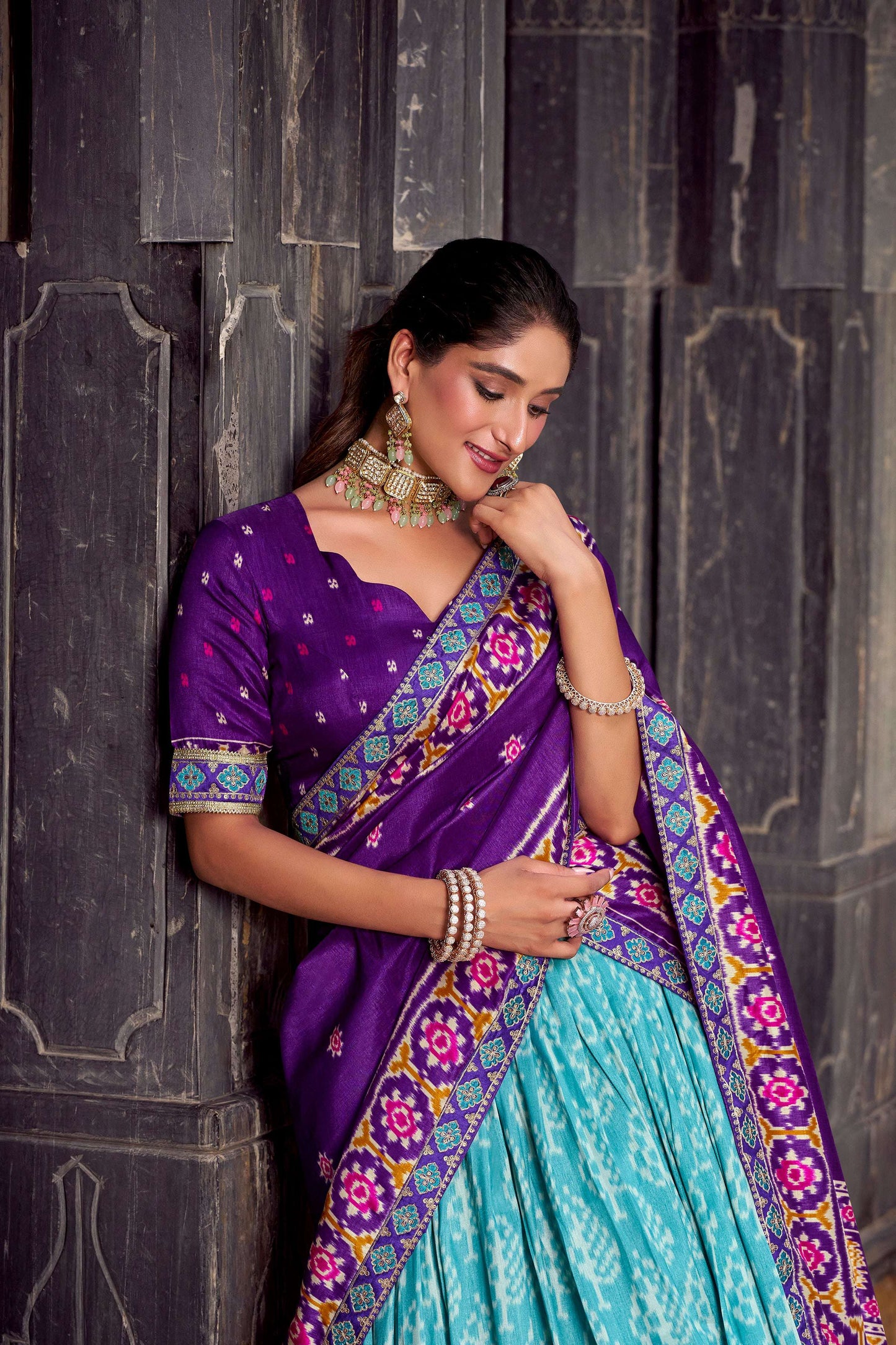 Lorenvalley Fashion Skyblue Tasar Silk Ikkat Print Lehenga Choli with Dupatta | Swadesiicart