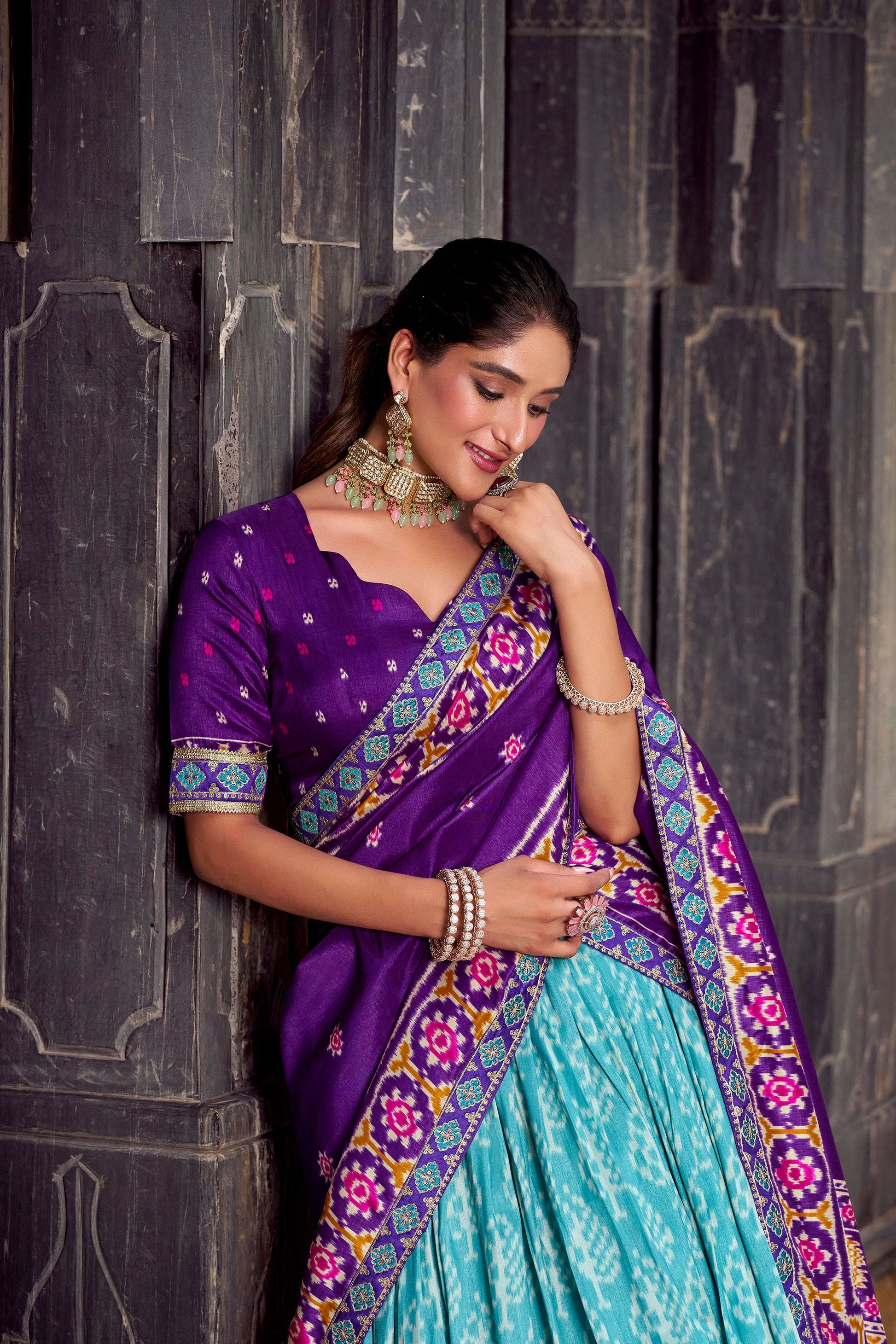 Lorenvalley Fashion Skyblue Tasar Silk Ikkat Print Lehenga Choli with Dupatta | Swadesiicart