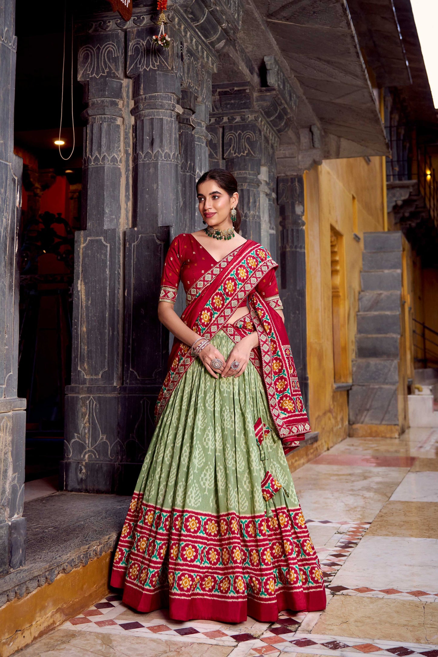 Lorenvalley Fashion Seagreen Tasar Silk Ikkat Print Lehenga Choli with Dupatta | Swadesiicart