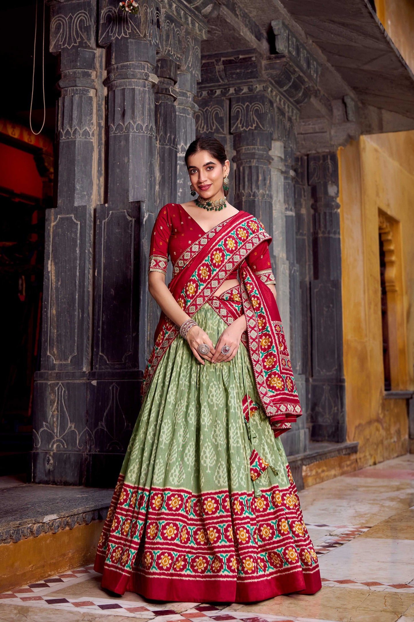Lorenvalley Fashion Seagreen Tasar Silk Ikkat Print Lehenga Choli with Dupatta | Swadesiicart