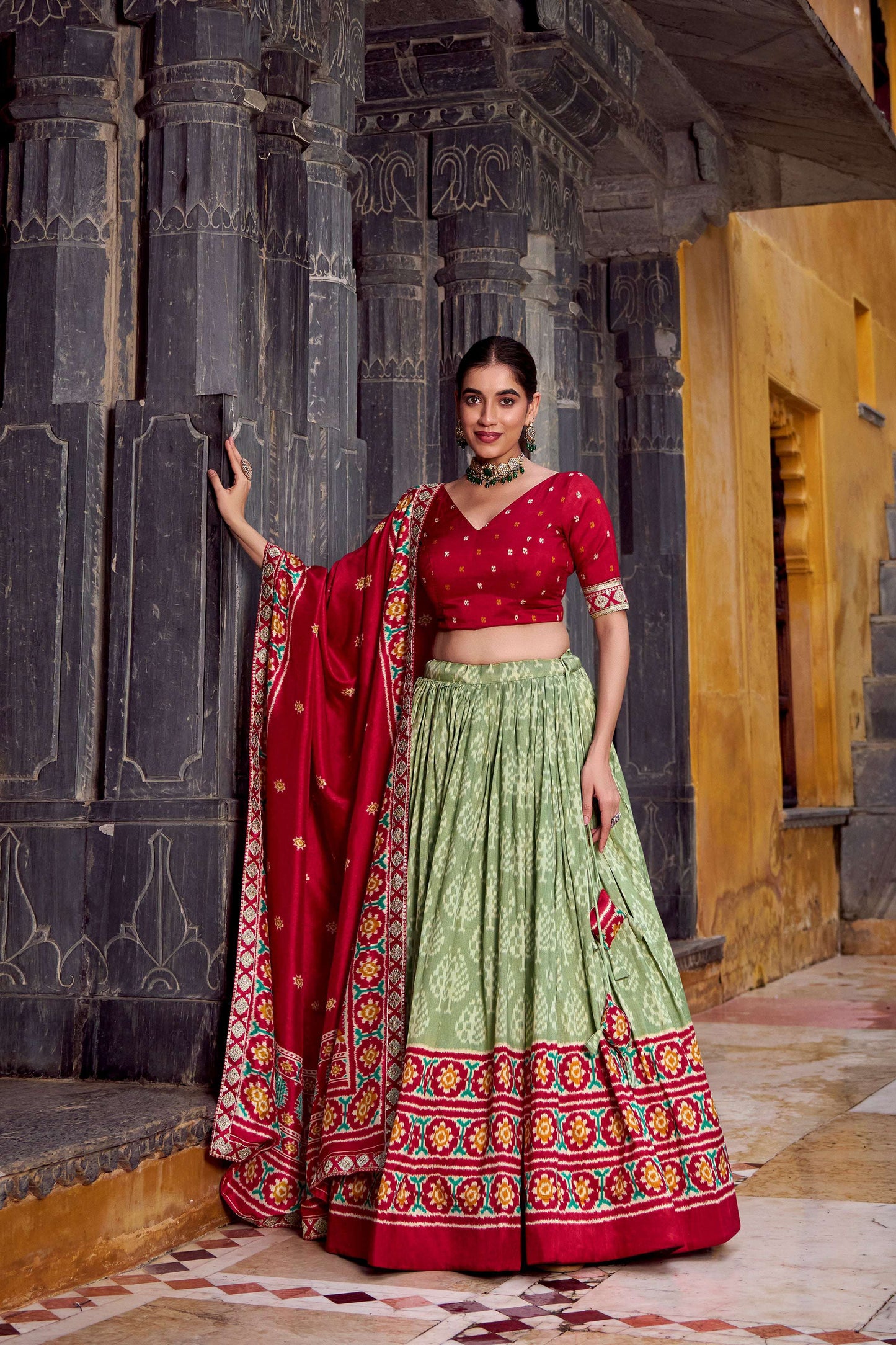 Lorenvalley Fashion Seagreen Tasar Silk Ikkat Print Lehenga Choli with Dupatta | Swadesiicart