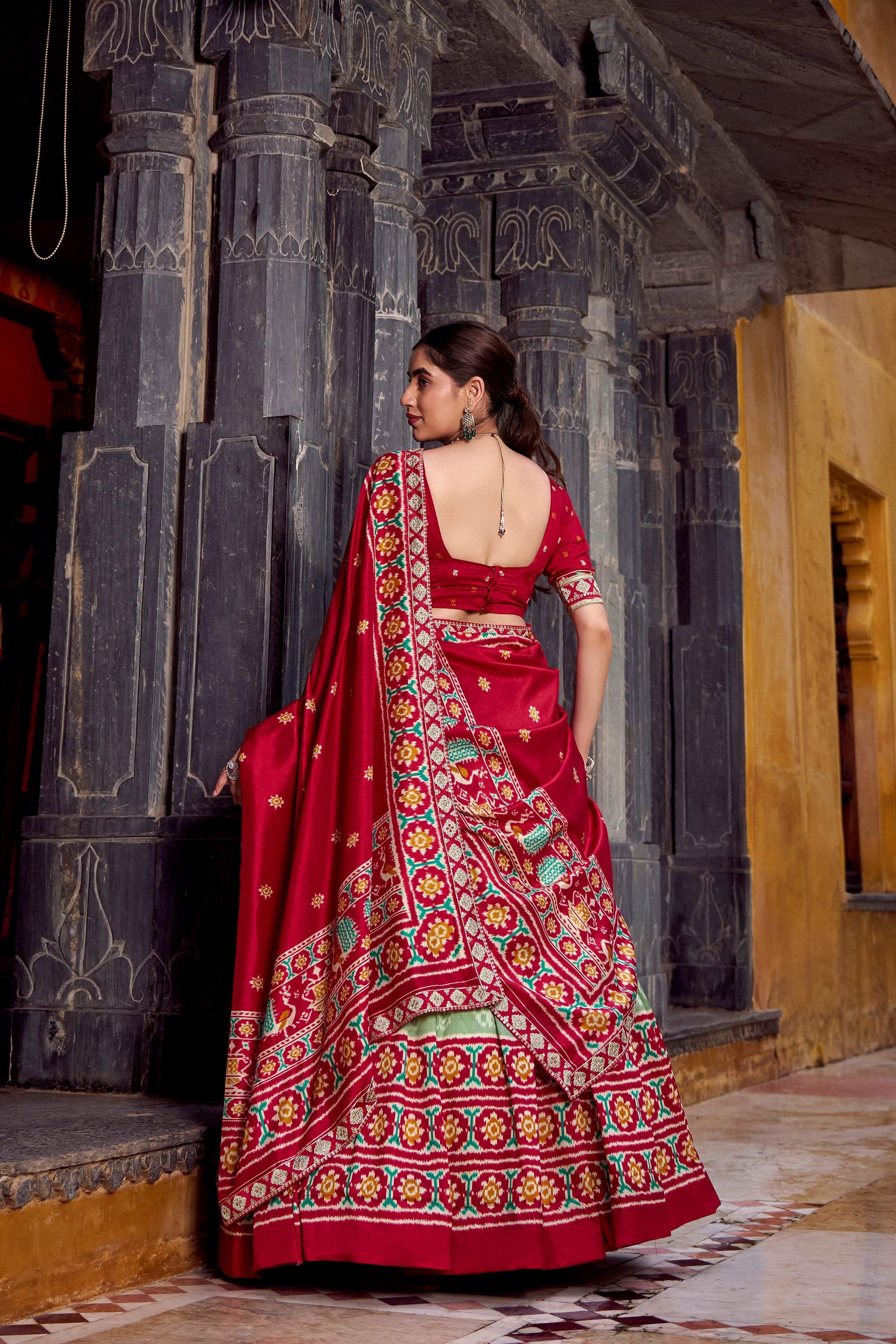 Lorenvalley Fashion Seagreen Tasar Silk Ikkat Print Lehenga Choli with Dupatta | Swadesiicart