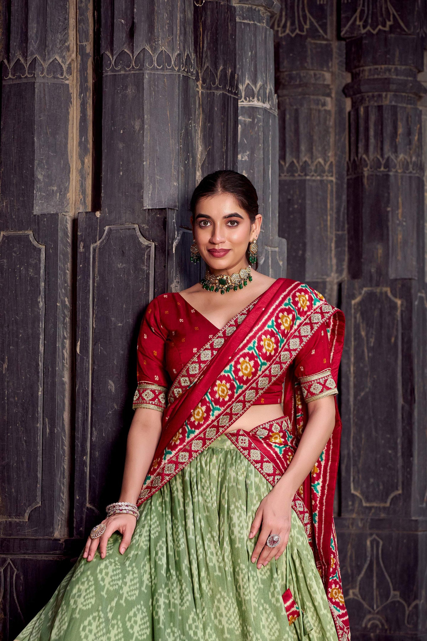 Lorenvalley Fashion Seagreen Tasar Silk Ikkat Print Lehenga Choli with Dupatta | Swadesiicart