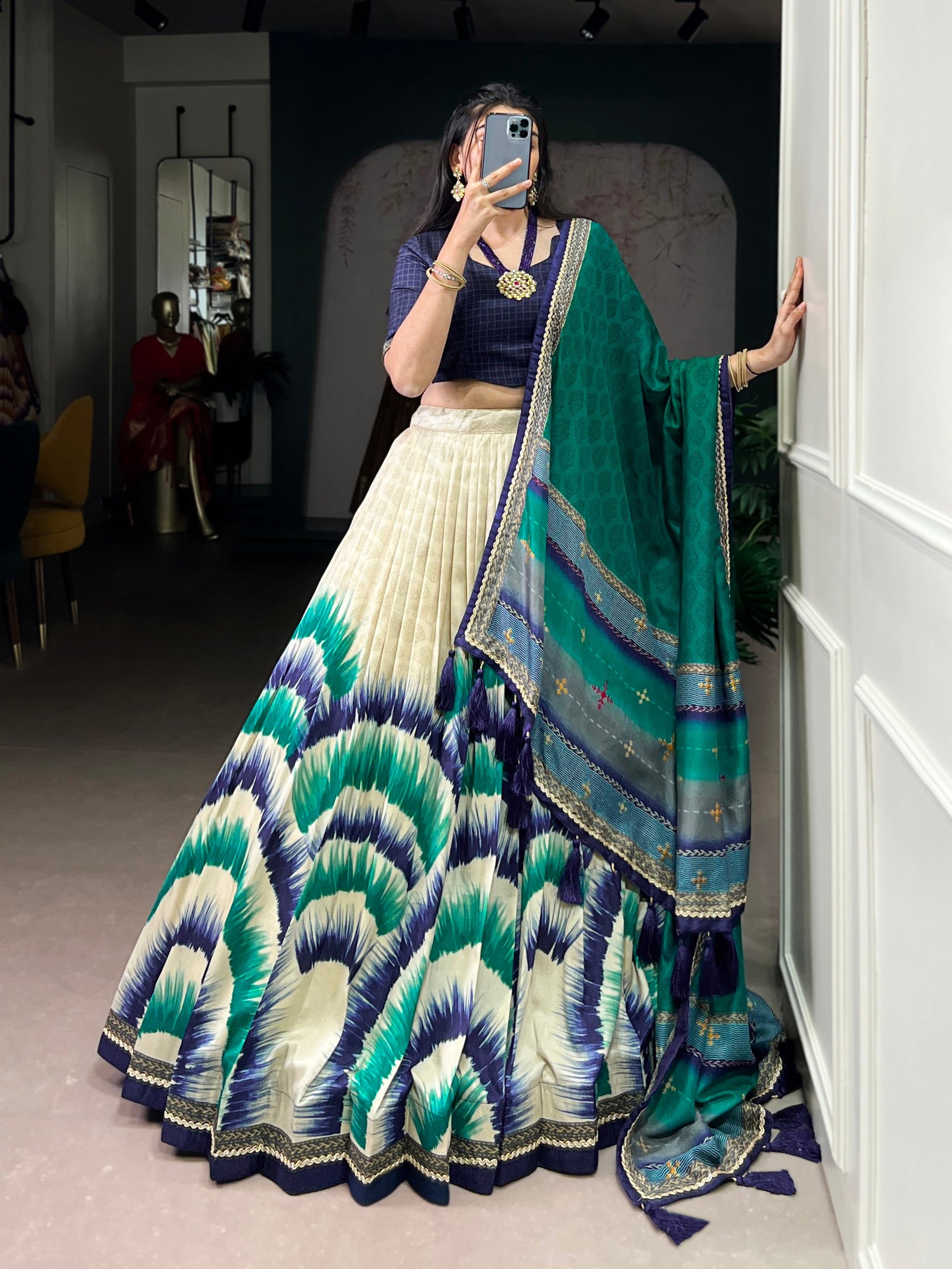 Lorenvalley Fashion Multicolor Tasar Silk Tie and Dye Print with Lace Touch Up Lehenga Choli with Dupatta - Swadesiicart