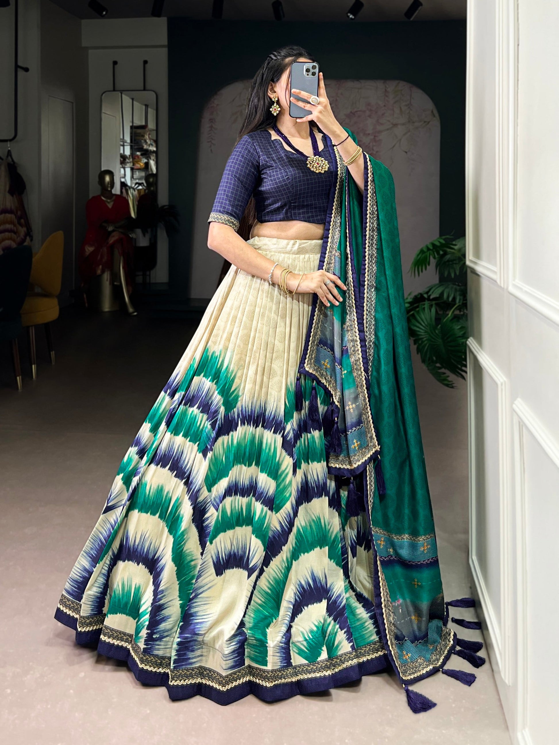 Lorenvalley Fashion Multicolor Tasar Silk Tie and Dye Print with Lace Touch Up Lehenga Choli with Dupatta - Swadesiicart