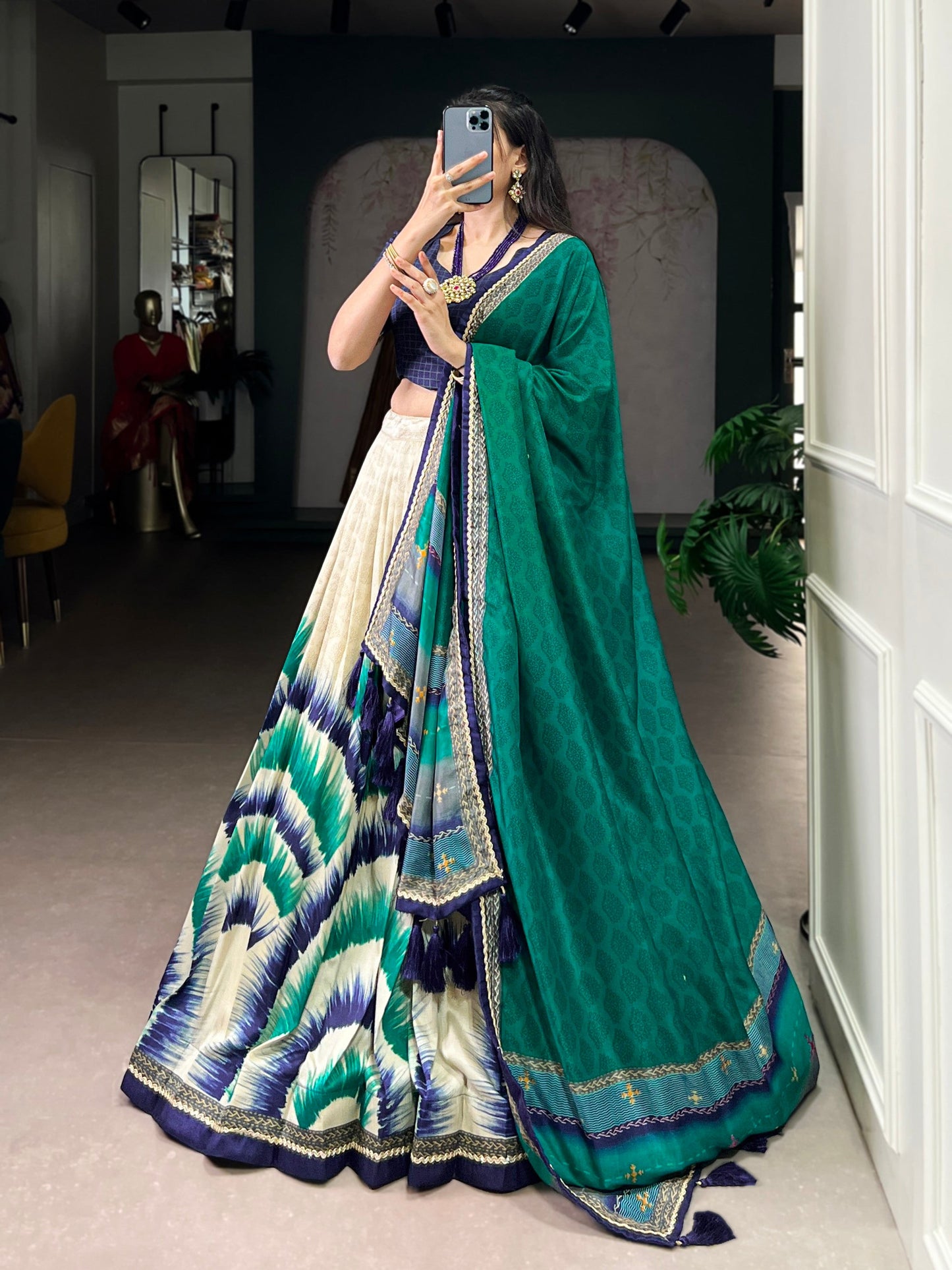 Lorenvalley Fashion Multicolor Tasar Silk Tie and Dye Print with Lace Touch Up Lehenga Choli with Dupatta - Swadesiicart