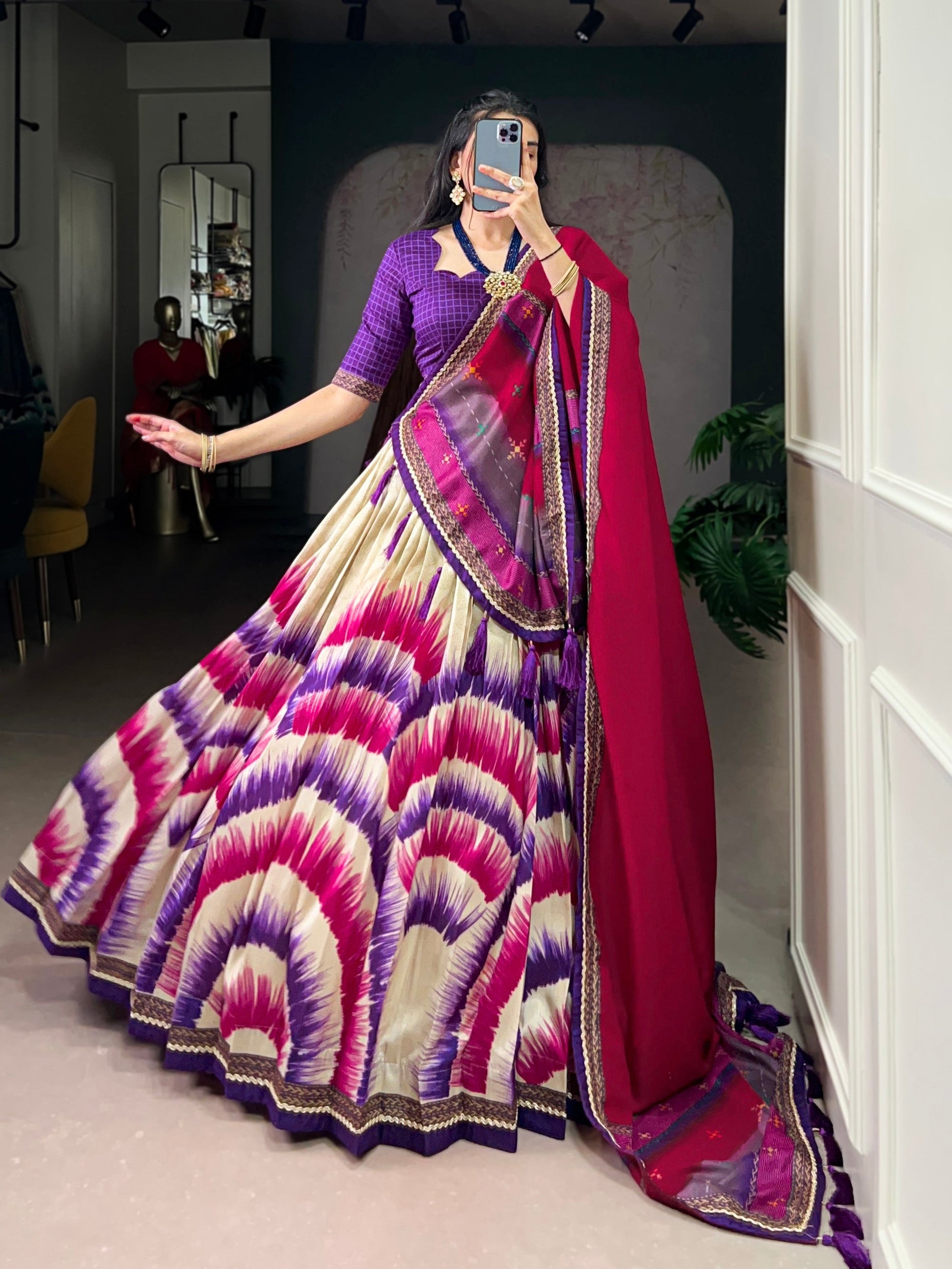 Lorenvalley Fashion Multicolor Tasar Silk Tie and Dye Print with Lace Touch Up Lehenga Choli with Dupatta - Swadesiicart