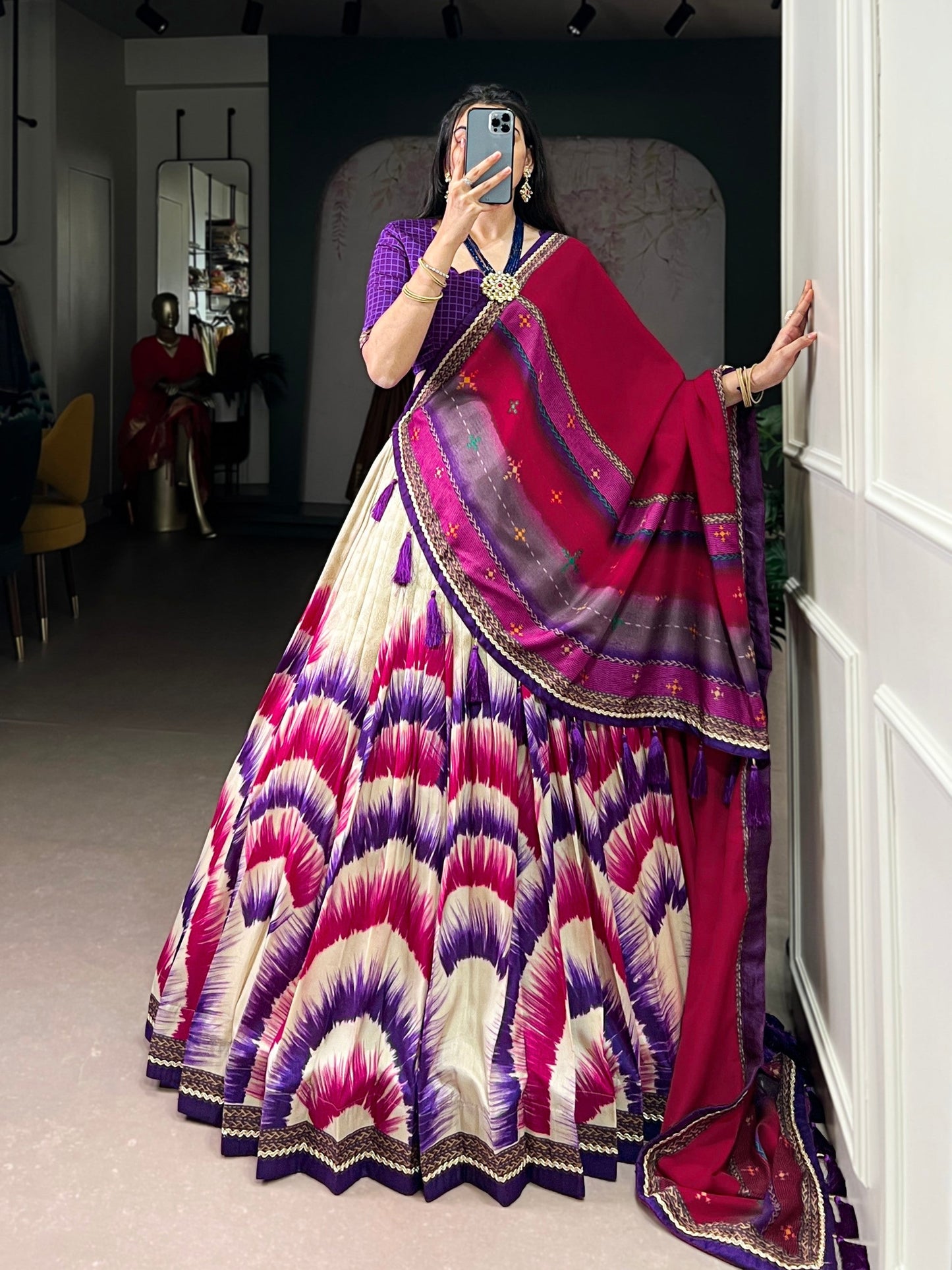 Lorenvalley Fashion Multicolor Tasar Silk Tie and Dye Print with Lace Touch Up Lehenga Choli with Dupatta - Swadesiicart