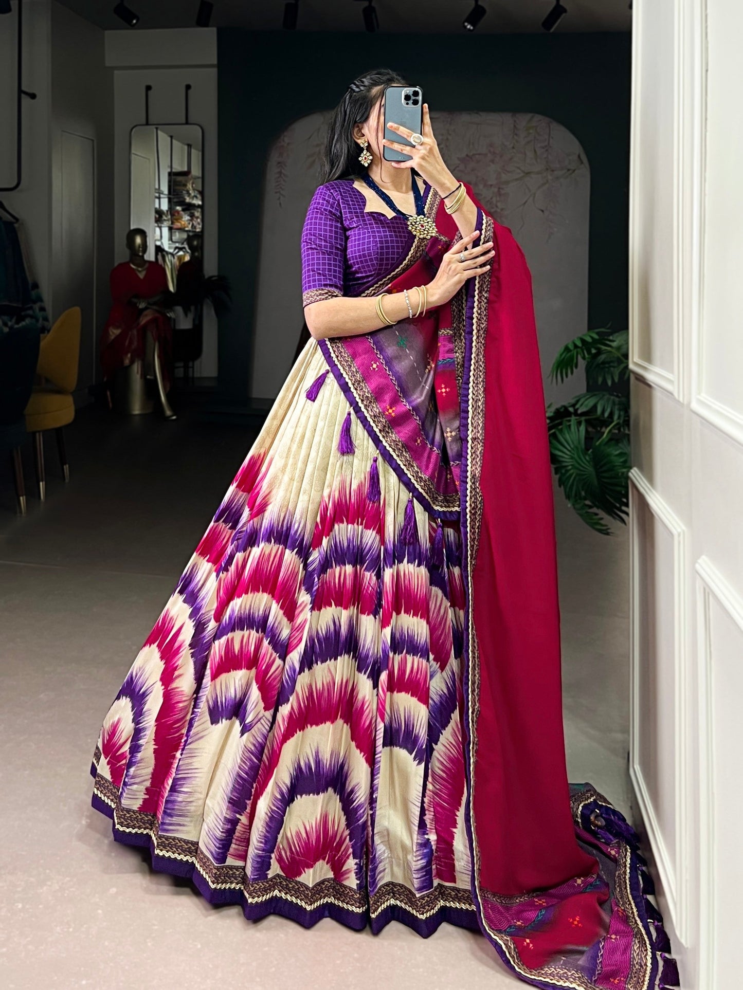 Lorenvalley Fashion Multicolor Tasar Silk Tie and Dye Print with Lace Touch Up Lehenga Choli with Dupatta - Swadesiicart