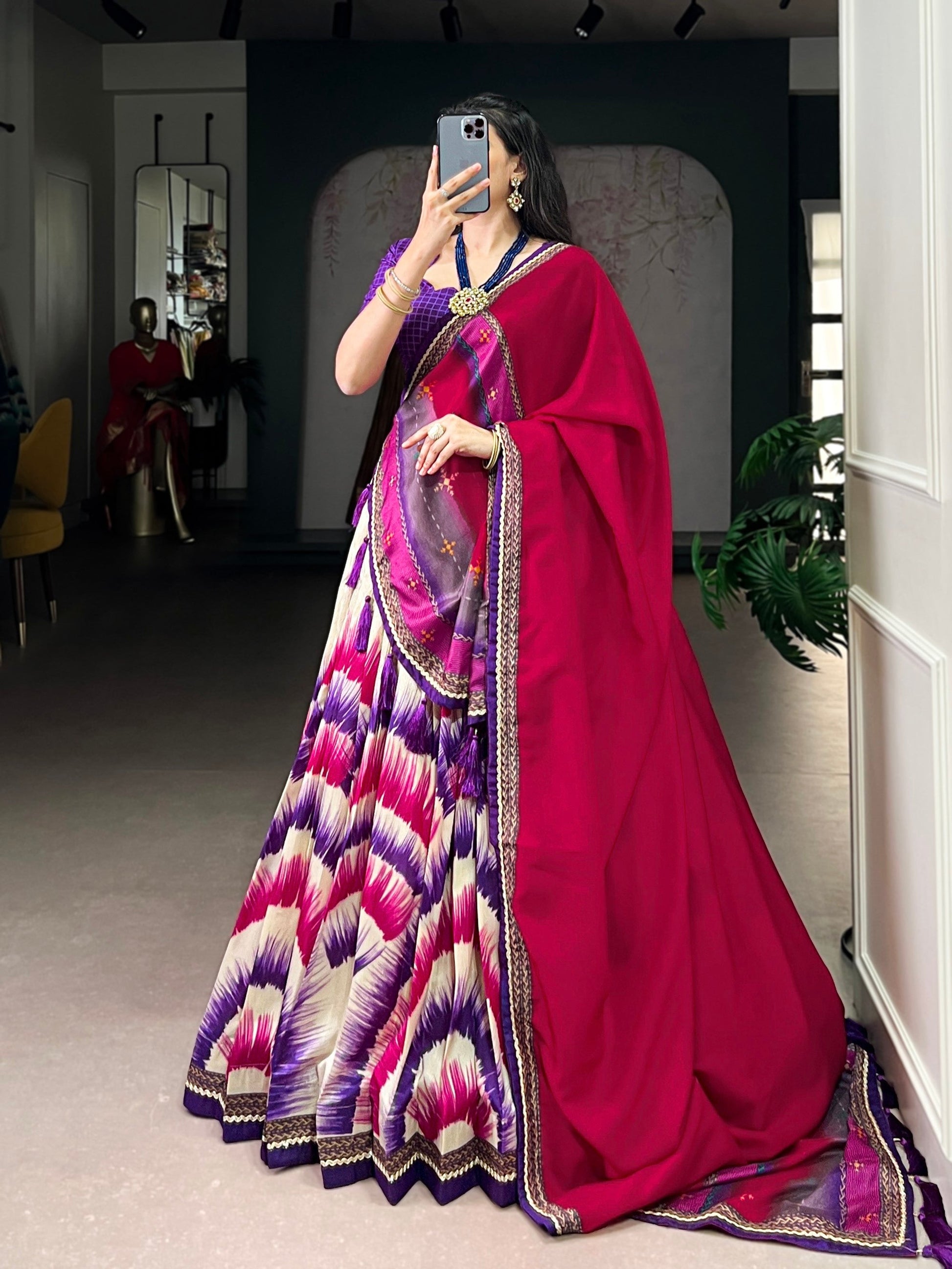 Lorenvalley Fashion Multicolor Tasar Silk Tie and Dye Print with Lace Touch Up Lehenga Choli with Dupatta - Swadesiicart