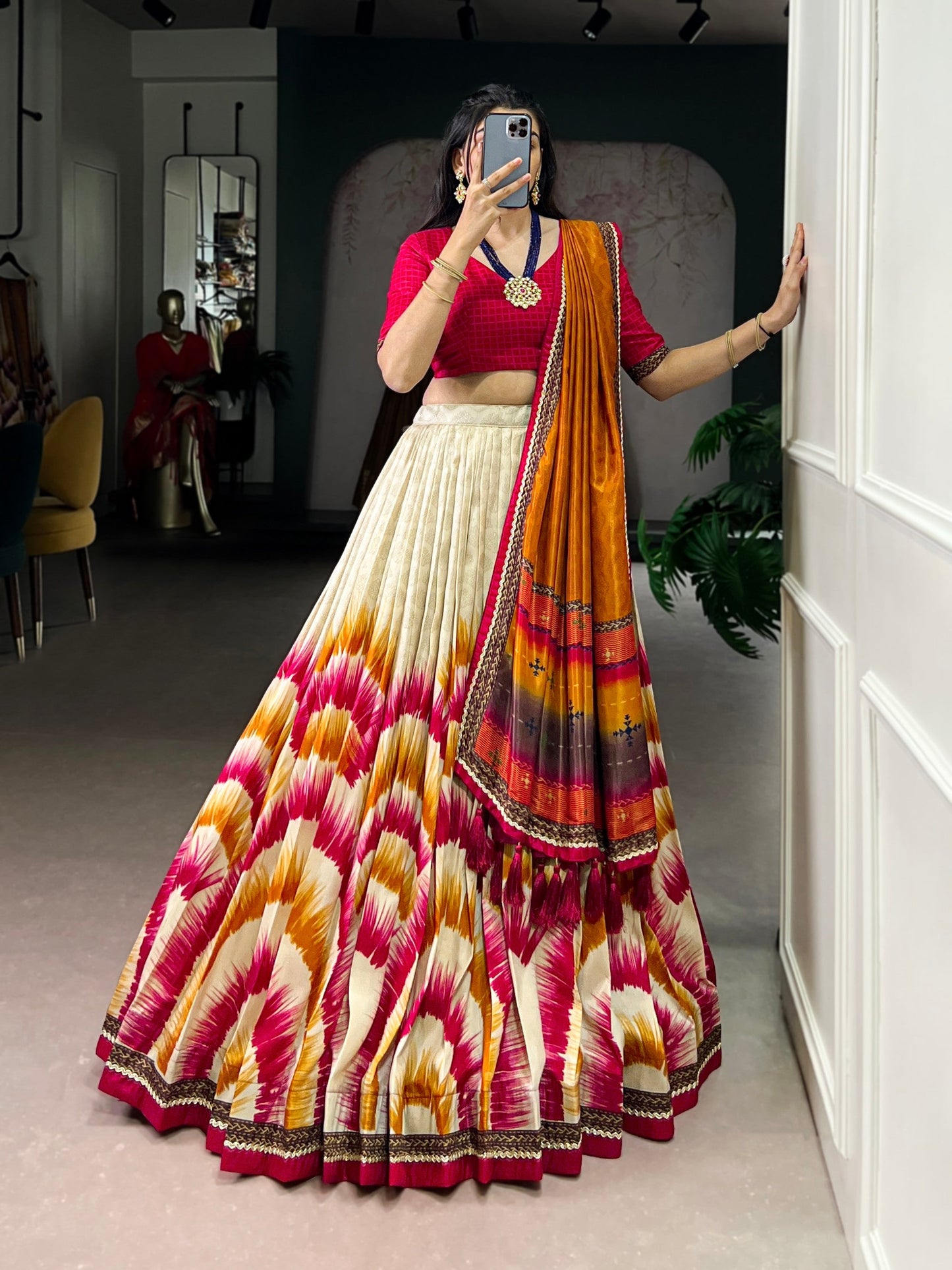 Lorenvalley Fashion Multicolor Tasar Silk Tie and Dye Print with Lace Touch Up Lehenga Choli with Dupatta - Swadesiicart